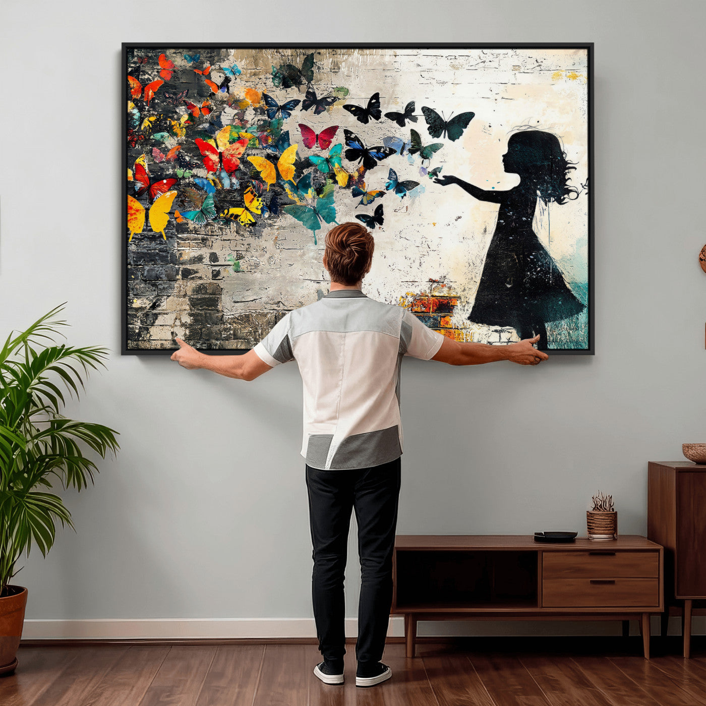 33909022-MGV-CV-36X24 - Banksy Butterfly Girl Wall Art Canvas Print, Framed Street Art Silhouette Graffiti Artwork, Colorful Butterfly Wall Decor for Living Room Bedroom Office