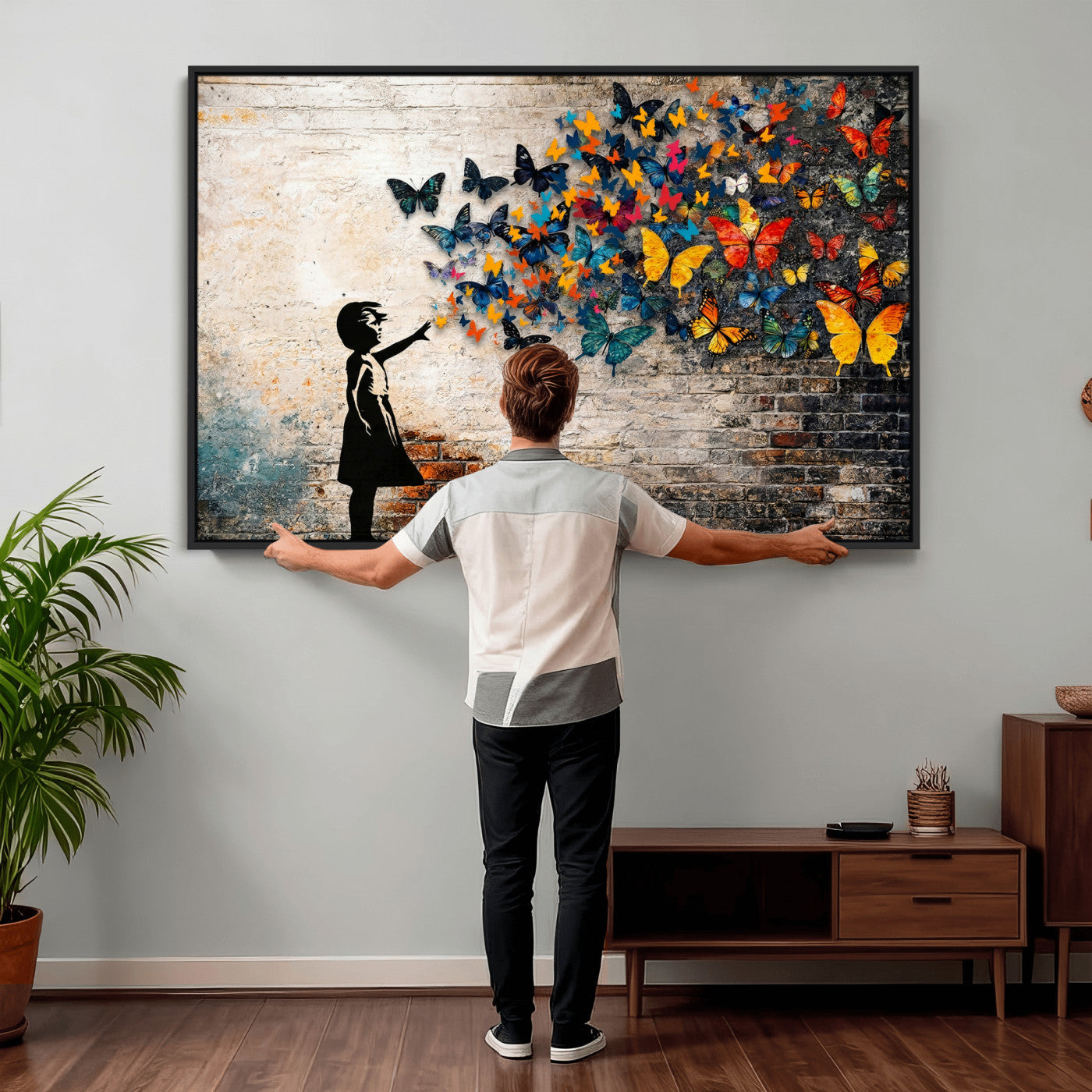 78760384-MGV-CV-36X24 - Banksy Graffiti Butterfly Girl Wall Art Canvas Print, Framed Street Art Canvas Print, Silhouette Butterfly Wall Art for Living Room Bedroom Office