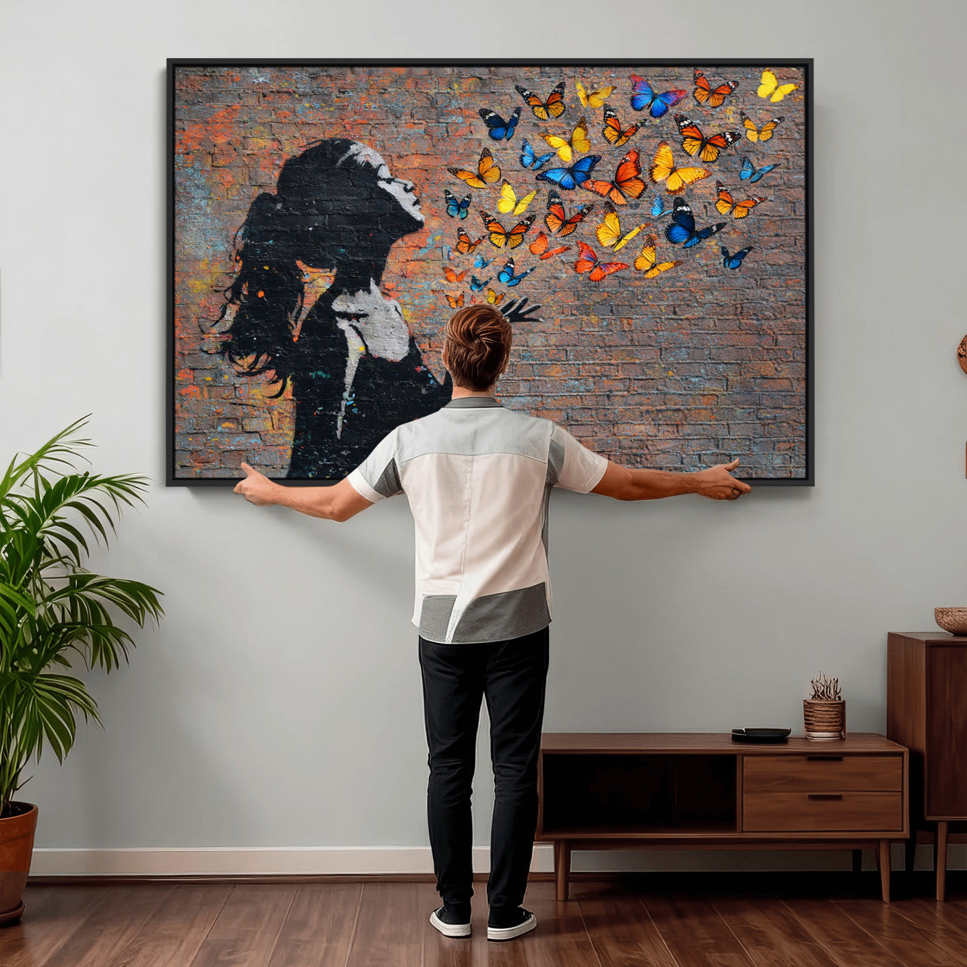 10555939-MGV-CV-36X24 - Urban Banksy Butterfly Girl Wall Art Canvas Print, Framed Street Art Canvas Print, Graffiti Silhouette Butterfly Wall Art for Living Room Bedroom Office