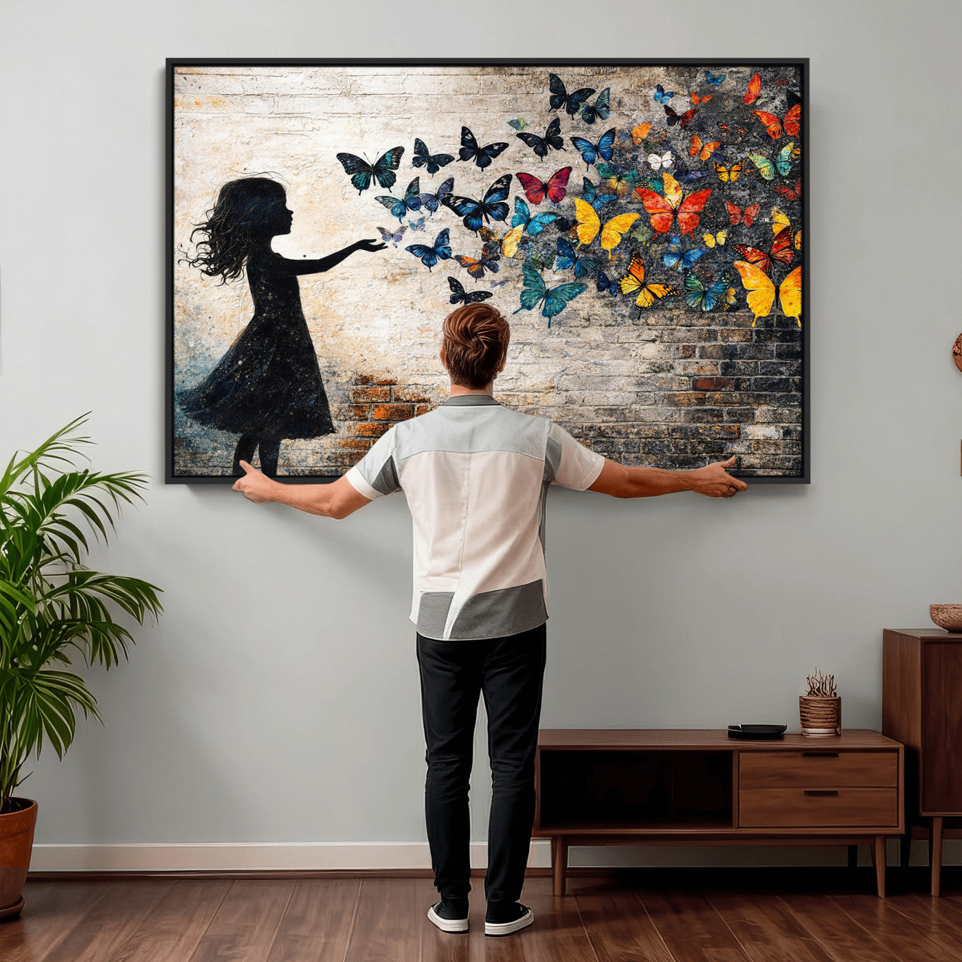70522594-MGV-CV-36X24 - Banksy Butterfly Girl Wall Art Canvas Print, Framed Street Art Canvas Print, Graffiti Silhouette Butterfly Wall Art for Living Room Bedroom Office