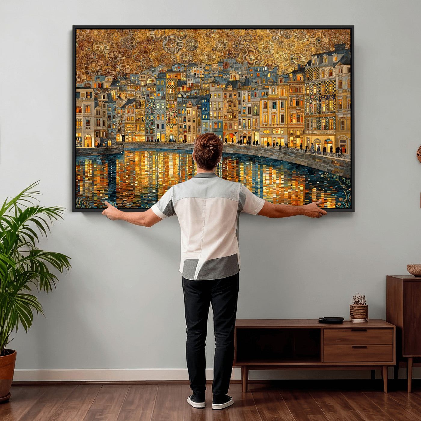 94022787-MGV-CV-36X24 - Gustav Klimt Golden Cityscape Wall Art Canvas Print, Framed River Town Landscape Artwork, Ornate Architecture Wall Decor for Living Room Bedroom Office