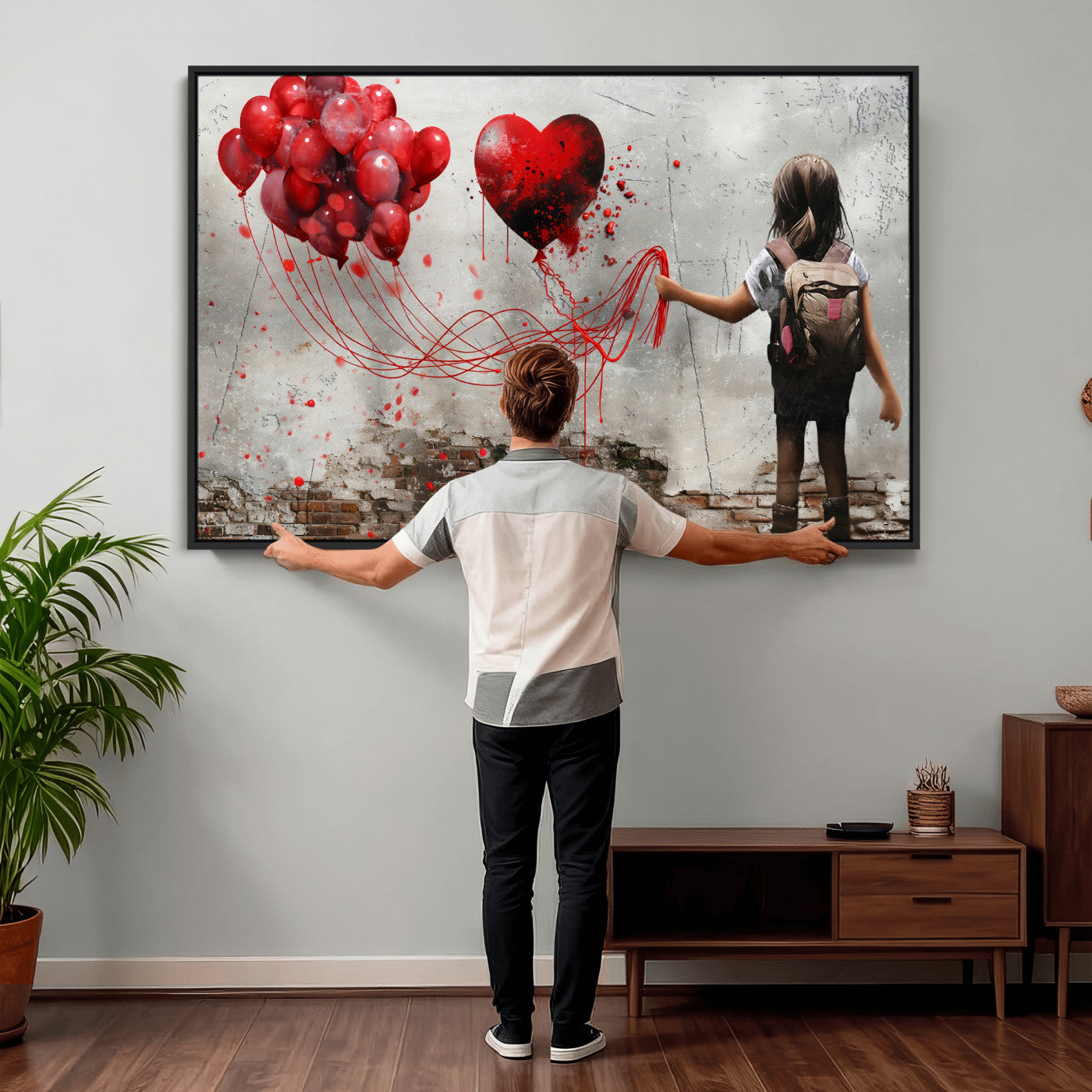 2162830T-MGV-CV-36X24 - Girl Graffiti Wall Art Canvas Print, Red Balloon Heart Street Art, Urban Love Artwork for Living Room Bedroom Hallway Office, Modern Abstract Canvas Wall Decor Home Decor