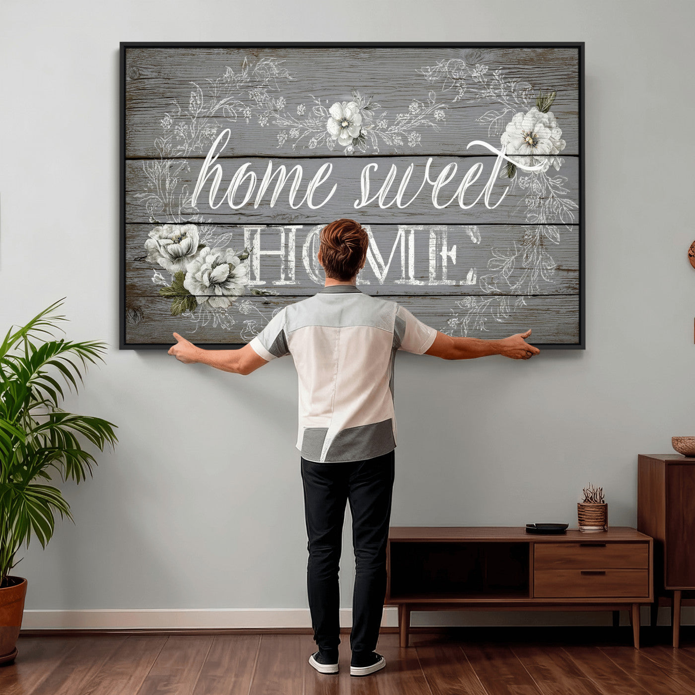 42160089-MGV-CV-36X24 - Home Sweet Home Sign Wall Art Canvas Print, Floral Farmhouse Sign, Rustic Neutral Entryway Bedroom Living Room Decor