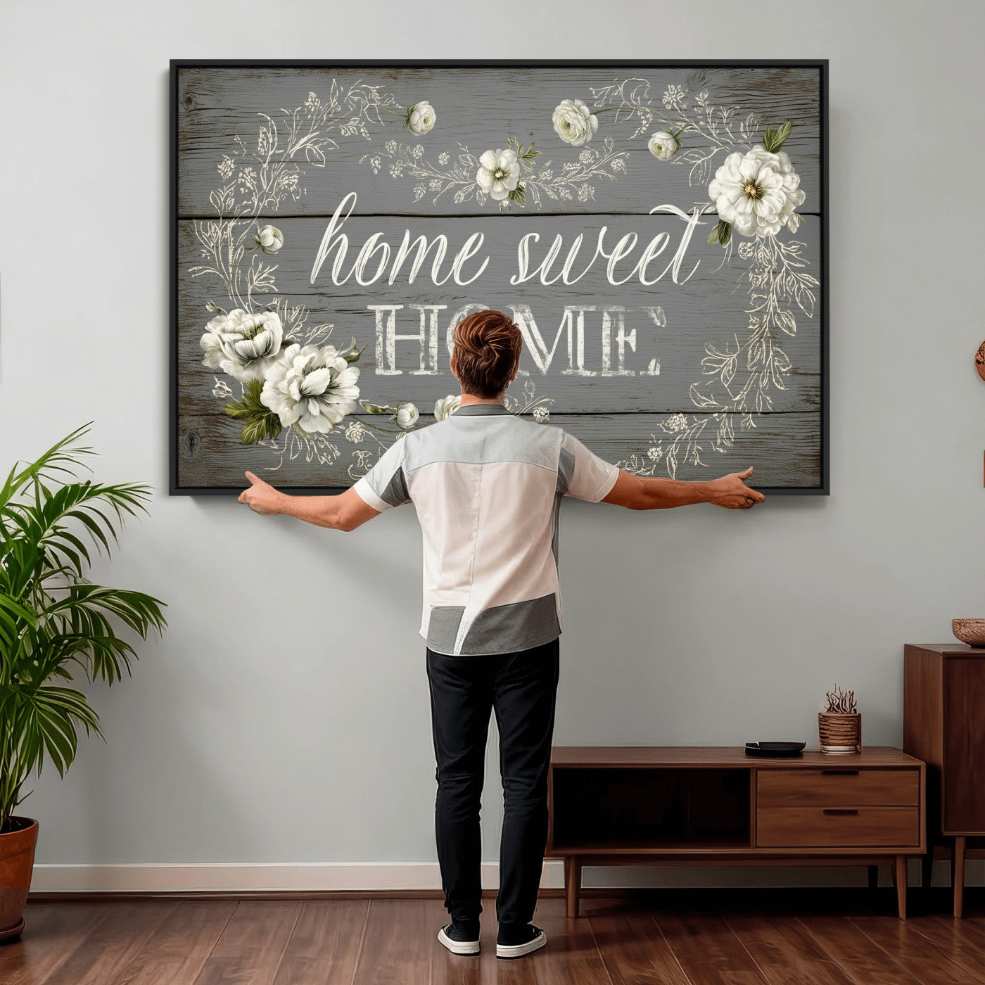 32056075-MGV-CV-36X24 - Home Sweet Home Wall Art Canvas Print, Floral Farmhouse Sign, Rustic Neutral Entryway Bedroom Living Room Decor