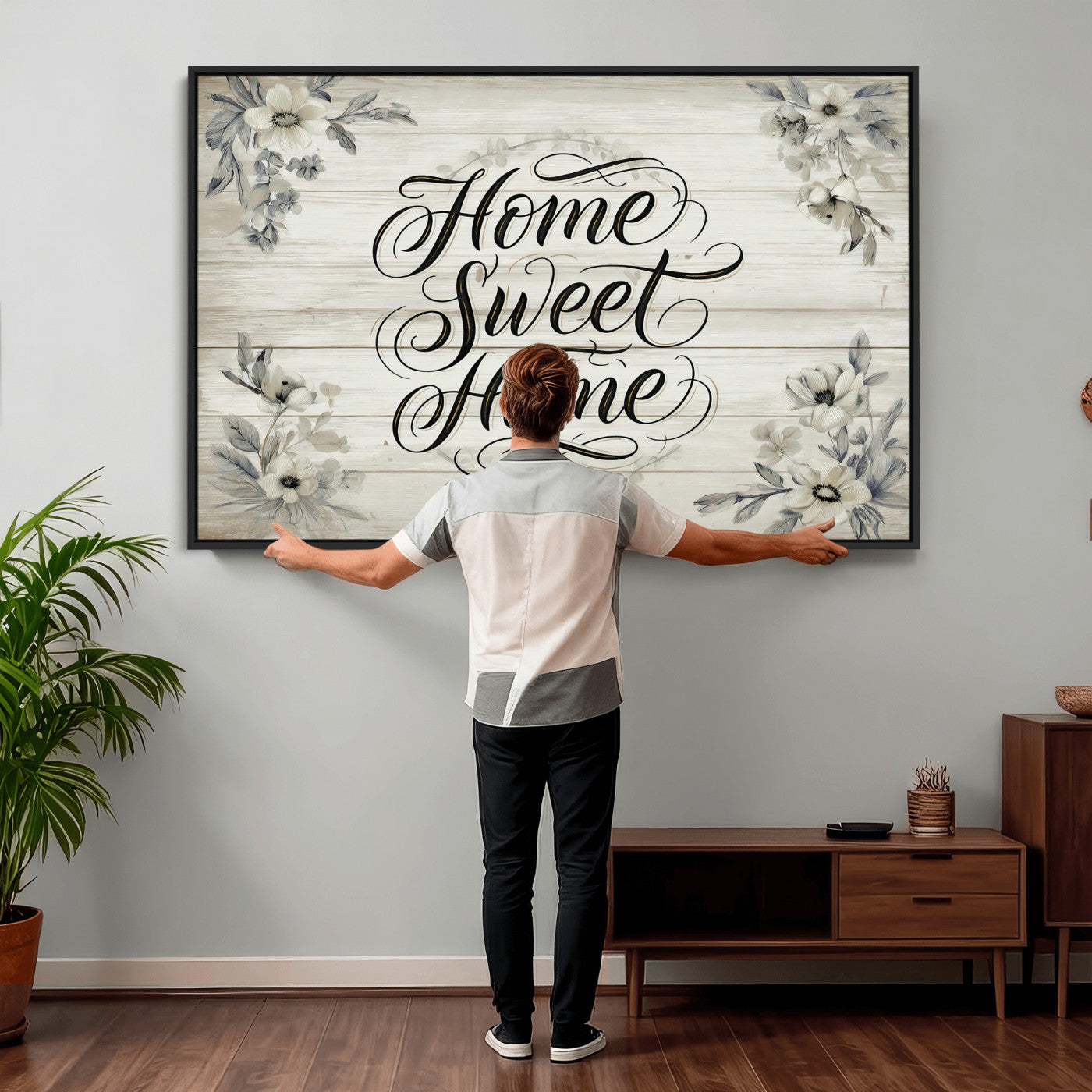 11120405-MGV-CV-36X24 - Home Sweet Home Wall Art Canvas Print, Floral Farmhouse Sign, Rustic Neutral Entryway Bedroom Living Room Decor