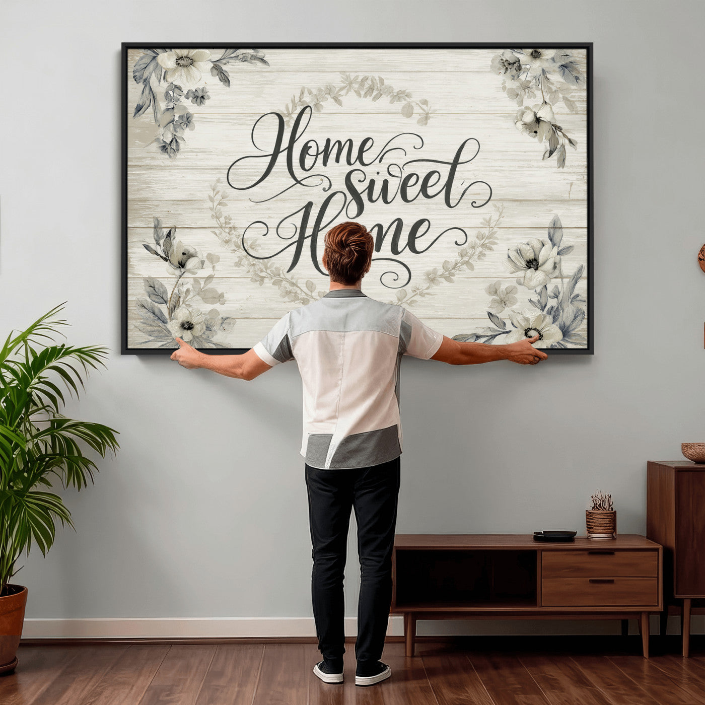 81157008-MGV-CV-36X24 - Home Sweet Home Wall Art Canvas Print, Floral Farmhouse Sign, Rustic Neutral Entryway Bedroom Living Room Decor