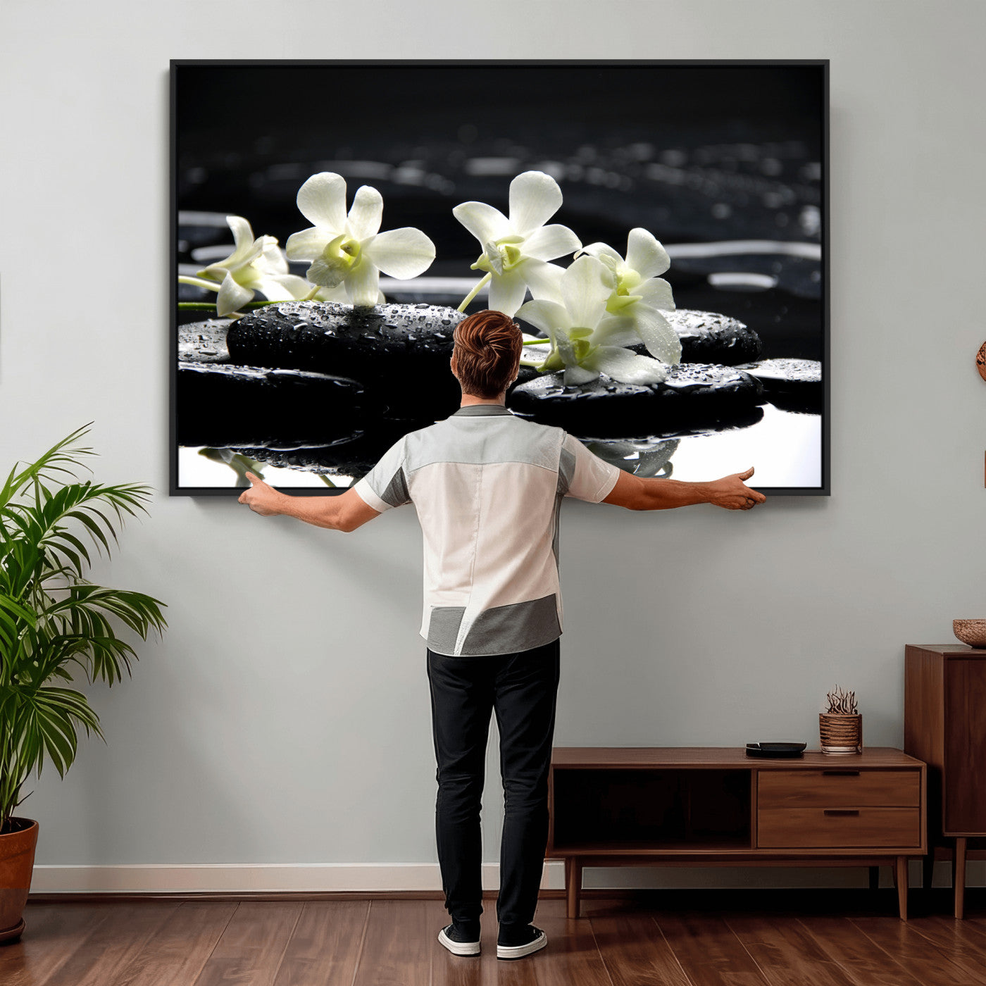 79486206-MGV-CV-36X24 - Plumeria Frangipani Black Stone Canvas | White Flower Spa Photography Print | Tropical Zen Wall Art | Grey Pebble Floral for Meditation Room Decor