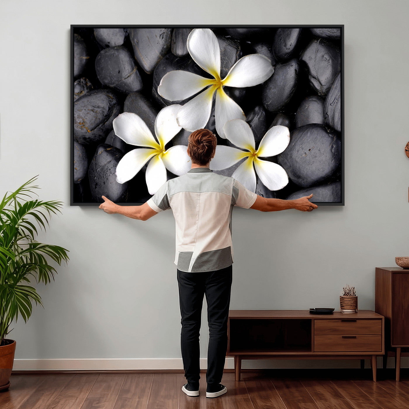 43639613-MGV-CV-36X24 - Plumeria Frangipani Black Stone Canvas | White Flower Spa Photography Print | Tropical Zen Wall Art | Grey Pebble Floral Decor