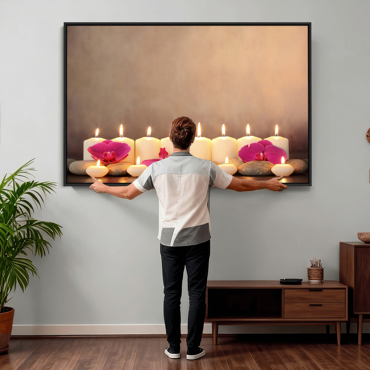 59470569-MGV-CV-36X24 - Spa Candles Orchid Canvas Print | Zen Wellness Relaxation Wall Art | Pink Flower Candlelight Bathroom Decor | Calm Beige Photography