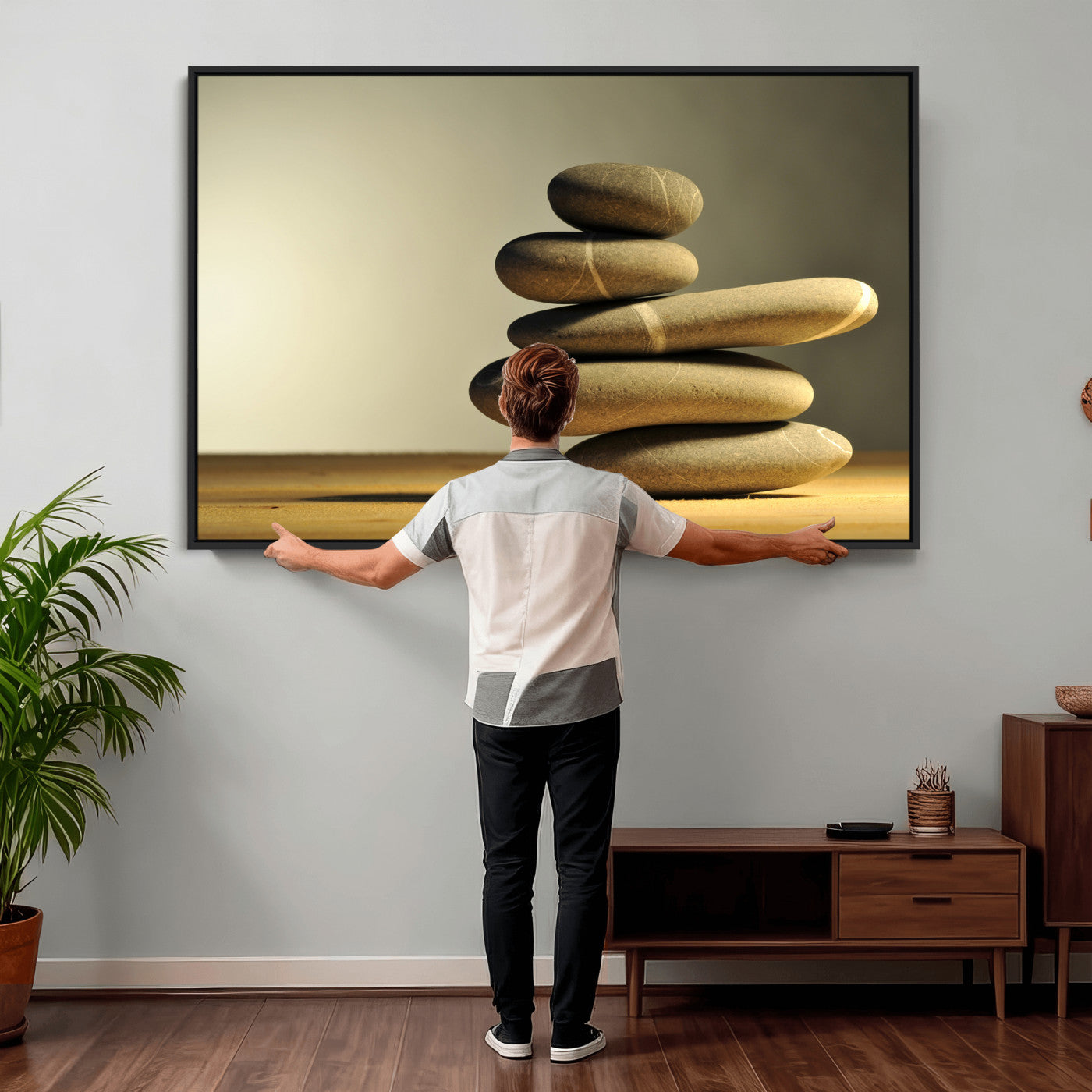 85424263-MGV-CV-36X24 - Zen Stone Wall Art Canvas Print, Balanced Rock Stack Framed Spa Artwork, Minimalist Meditation Decor for Living Room Bedroom Office Bathroom