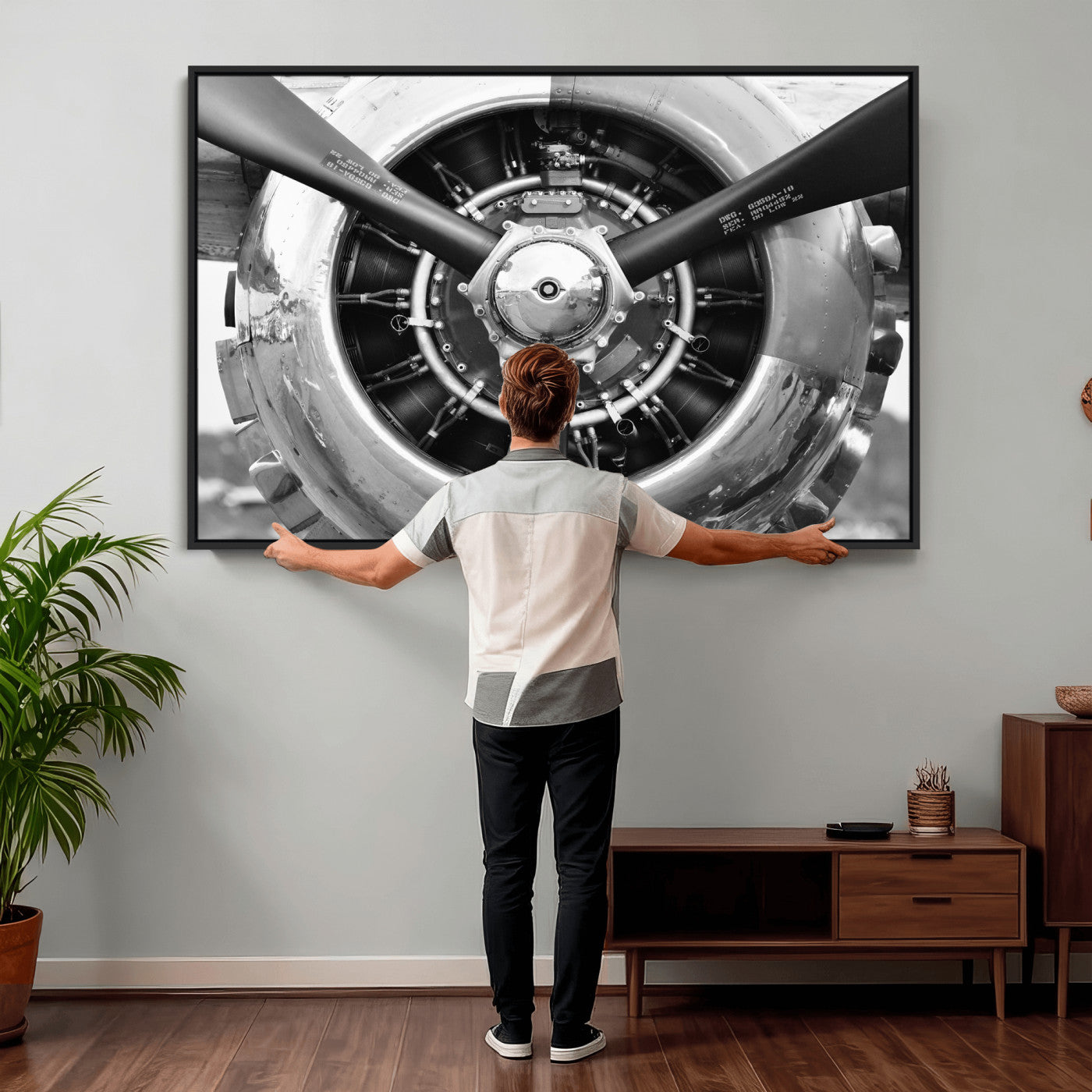 73322230-MGV-CV-36X24 - Vintage Propeller Plane Wall Art Canvas Print, Black and White Airplane Engine Close Up Framed Aviation Artwork for Pilot Office Hangar Decor