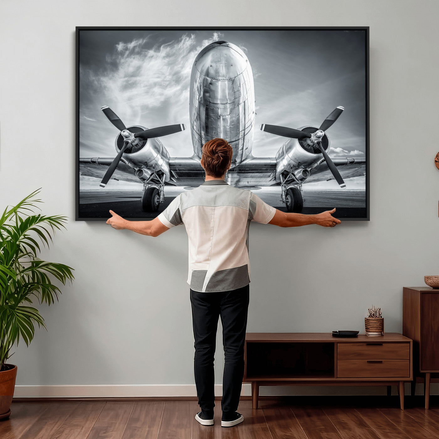 59729636-MGV-CV-36X24 - Vintage Propeller Plane Wall Art Canvas Print, Black and White Airplane Engine Close Up Framed Aviation Artwork for Pilot Office Hangar Decor