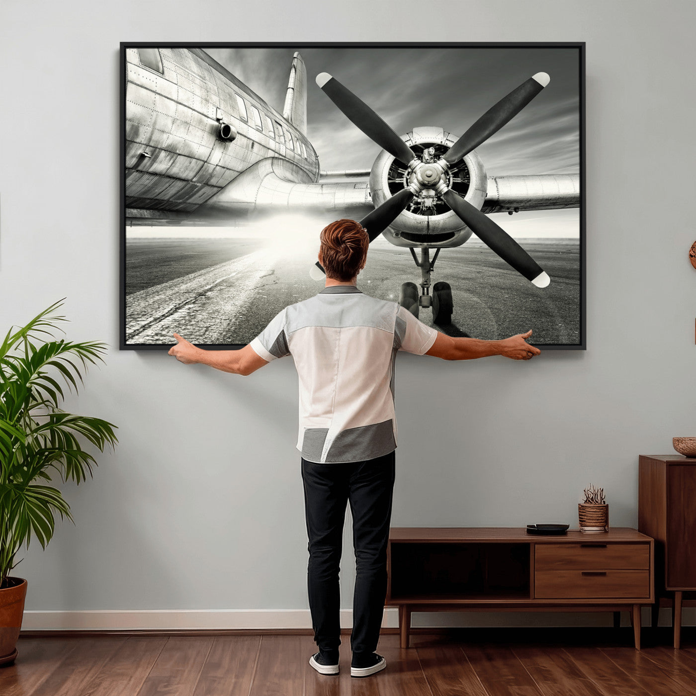 16420255-MGV-CV-36X24 - Vintage Airplane Wall Art Canvas Print, Black and White Propeller Aircraft Framed Aviation Artwork for Pilot Office Hangar Living Room Decor