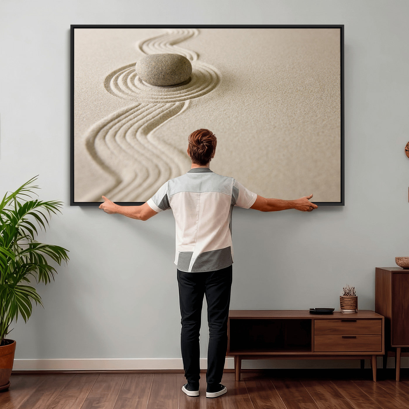 66852661-MGV-CV-36X24 - Zen Garden Stone Sand Canvas | Japanese Rock Garden Wall Art | Minimalist Meditation Print | Neutral Beige Mindfulness Decor