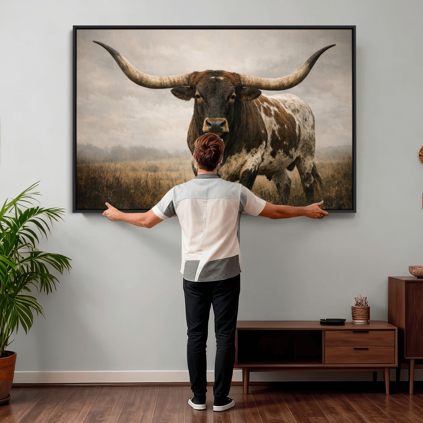 17622011L-MGV-CV-36X24 - Longhorn Bull Wall Art Canvas Print, Western Farmhouse Cowboy Decor, Rustic Texas Ranch Cattle Artwork for Living Room Bedroom Office, Framed Wall Decor
