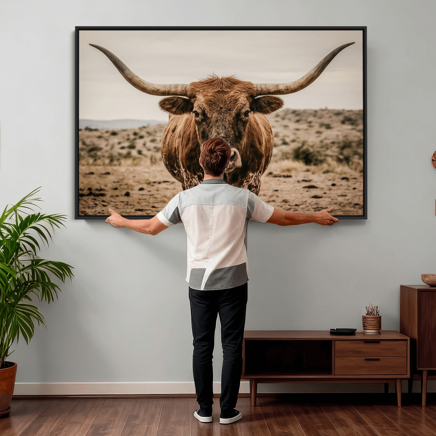 17622011K-MGV-CV-36X24 - Texas Longhorn Bull Wall Art Canvas Print, Western Farmhouse Cowboy Decor, Rustic Texas Ranch Cattle Artwork for Living Room Bedroom Office, Framed Wall Decor