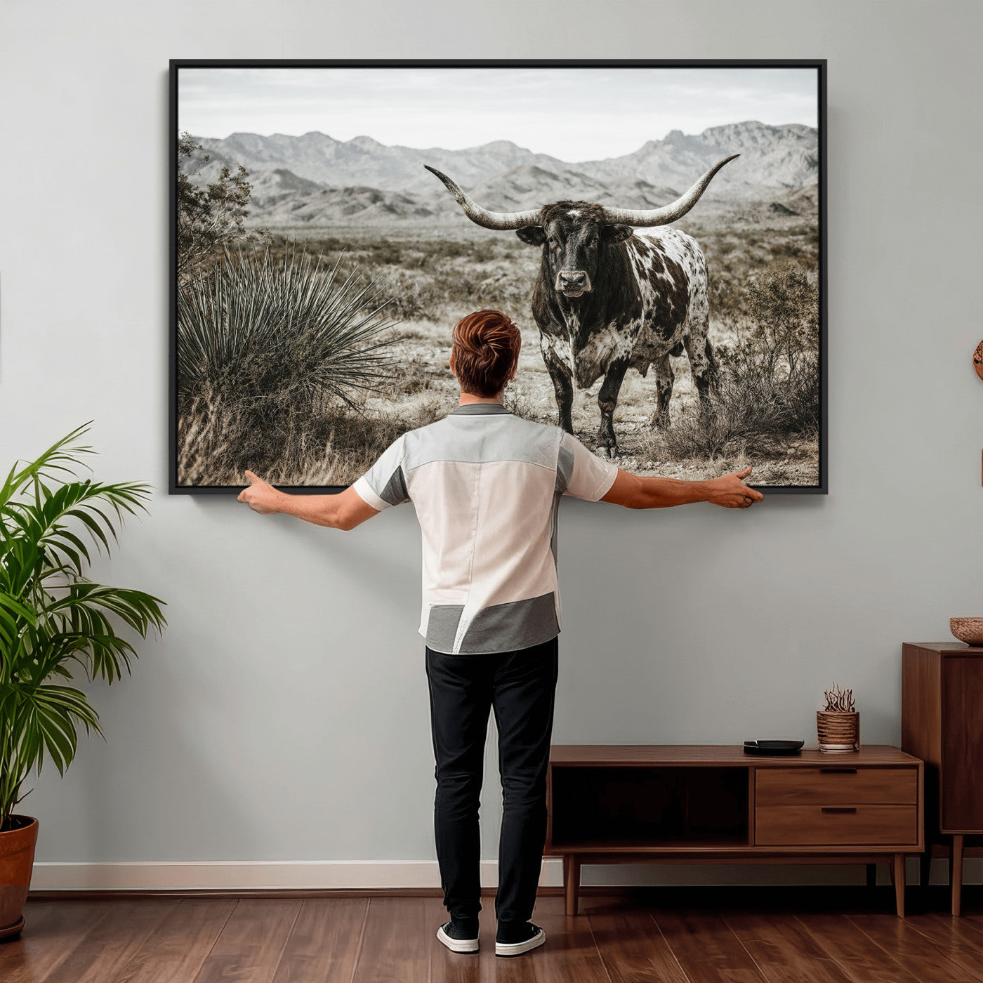17622011H-MGV-CV-36X24 - Texas Longhorn Bull Wall Art Canvas Print, Western Farmhouse Cowboy Decor, Rustic Texas Ranch Cattle Artwork for Living Room Bedroom Office, Framed Wall Decor