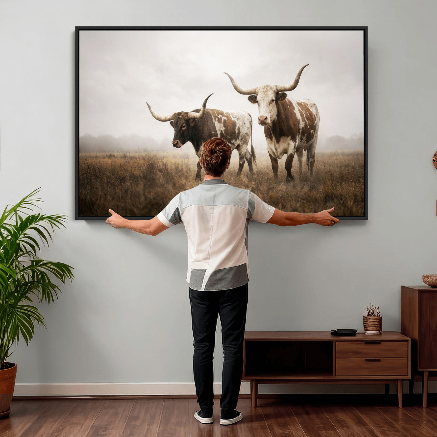 92881702-MGV-CV-36X24 - Texas Longhorn Canvas Wall Art Western Bull Desert Moody Grey Overcast Rustic Farmhouse Framed Large for Living Room Bedroom Office Decor