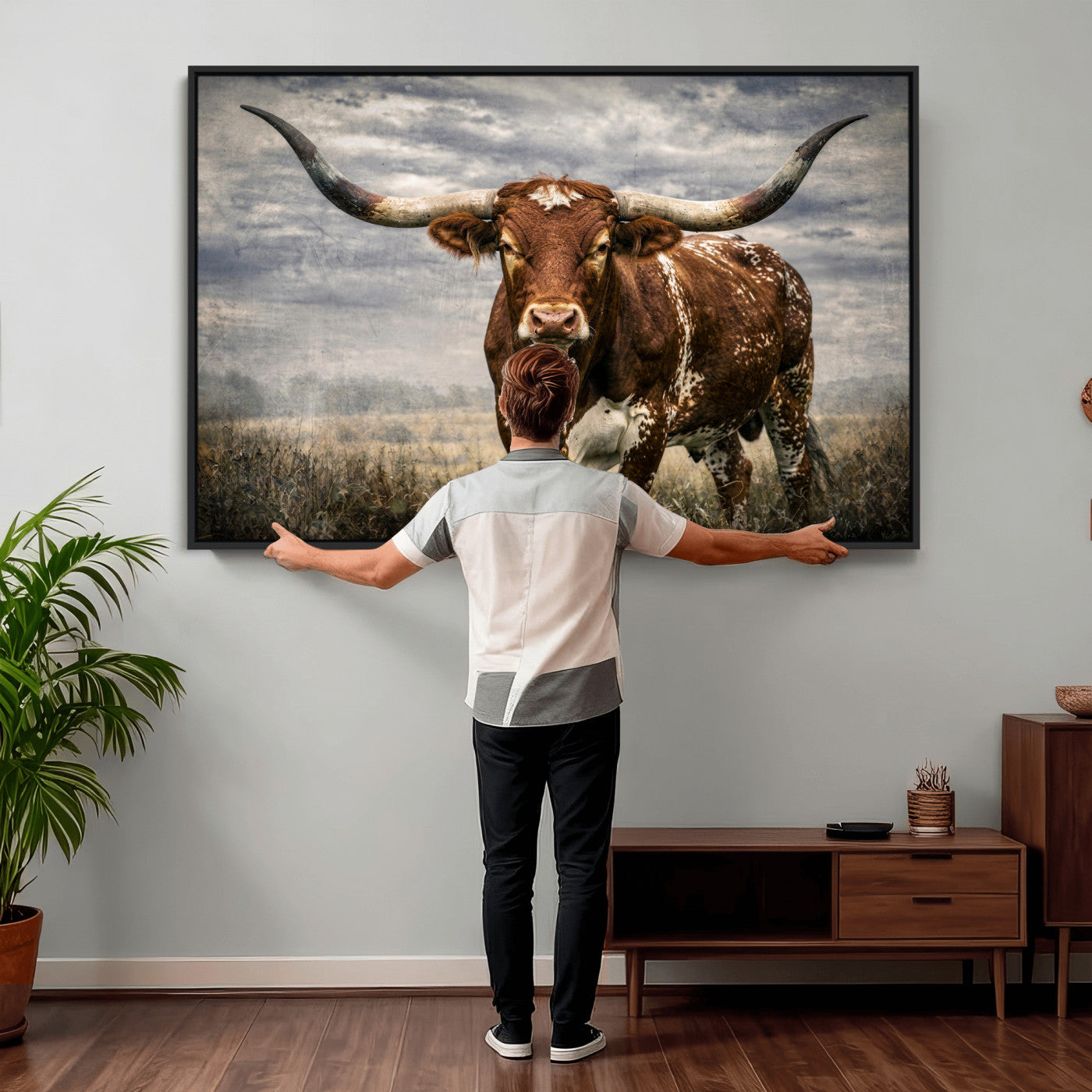 14372769-MGV-CV-36X24 - Texas Longhorn Canvas Wall Art Western Bull Desert Moody Grey Overcast Rustic Farmhouse Framed Large for Living Room Bedroom Office Decor