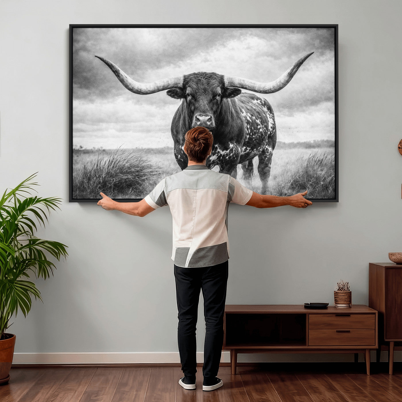 19951238-MGV-CV-36X24 - Texas Longhorn Canvas Wall Art Western Bull Desert Moody Grey Overcast Rustic Farmhouse Framed Large for Living Room Bedroom Office Decor