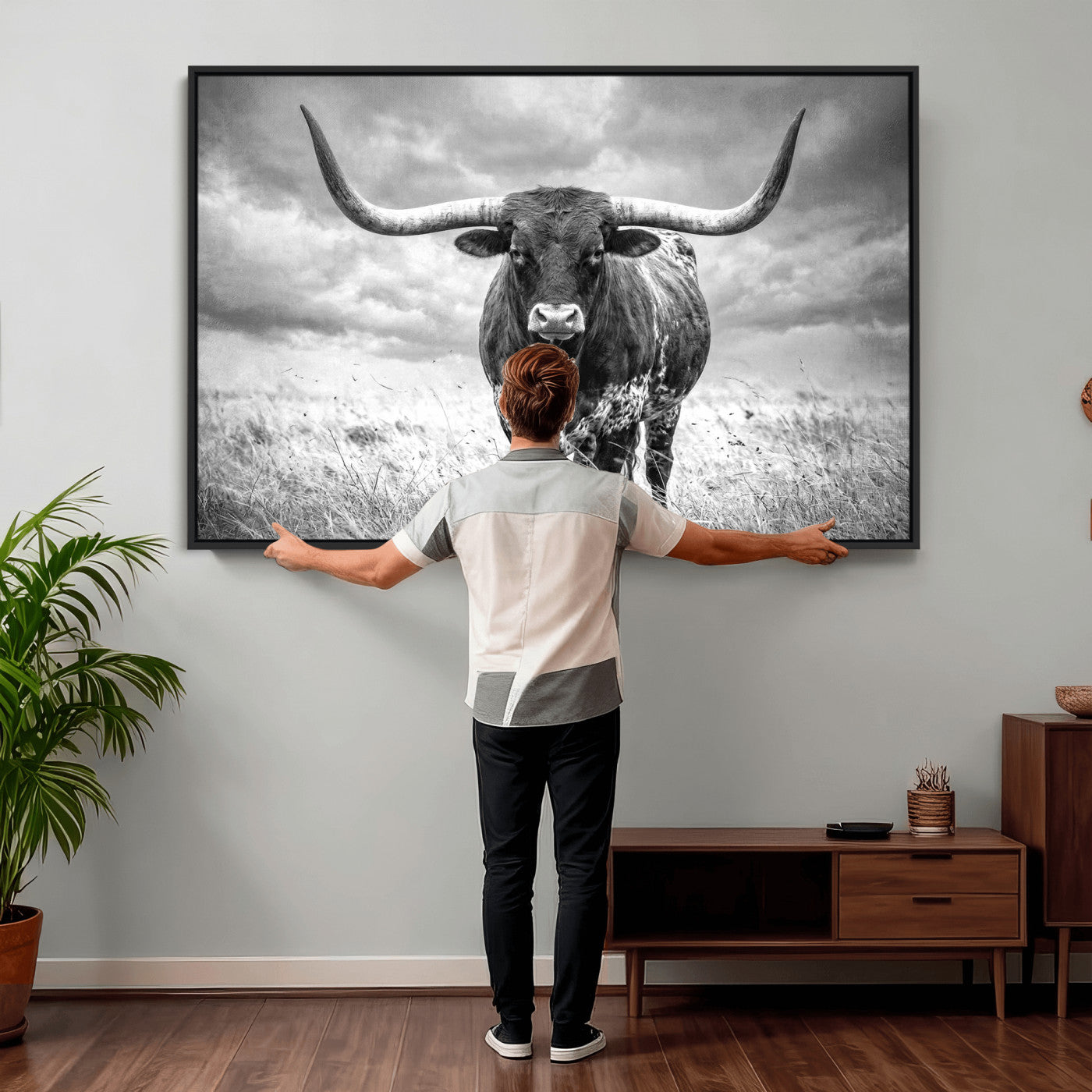 63336115-MGV-CV-36X24 - Texas Longhorn Canvas Wall Art Western Bull Desert Moody Grey Overcast Rustic Farmhouse Framed Large for Living Room Bedroom Office Decor