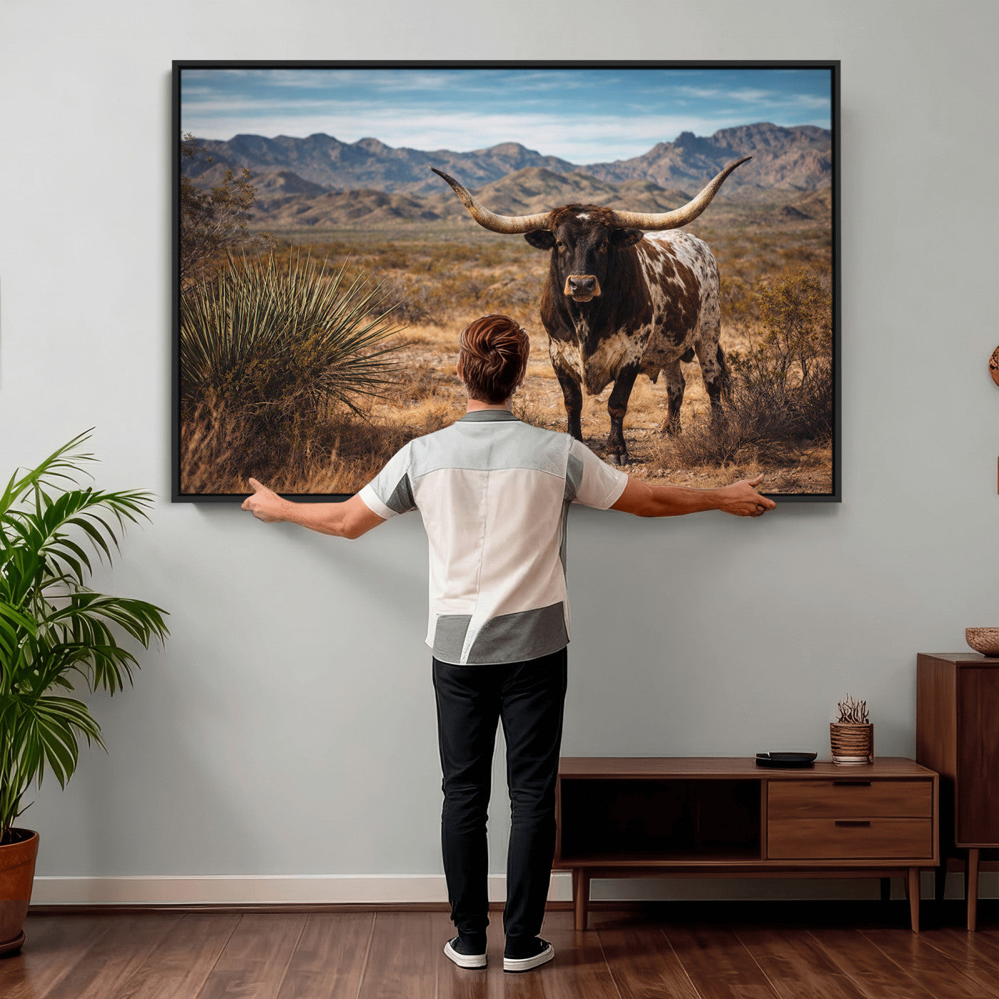 26448918-MGV-CV-36X24 - Texas Longhorn Canvas Wall Art Western Bull Desert Moody Grey Overcast Rustic Farmhouse Framed Large for Living Room Bedroom Office Decor