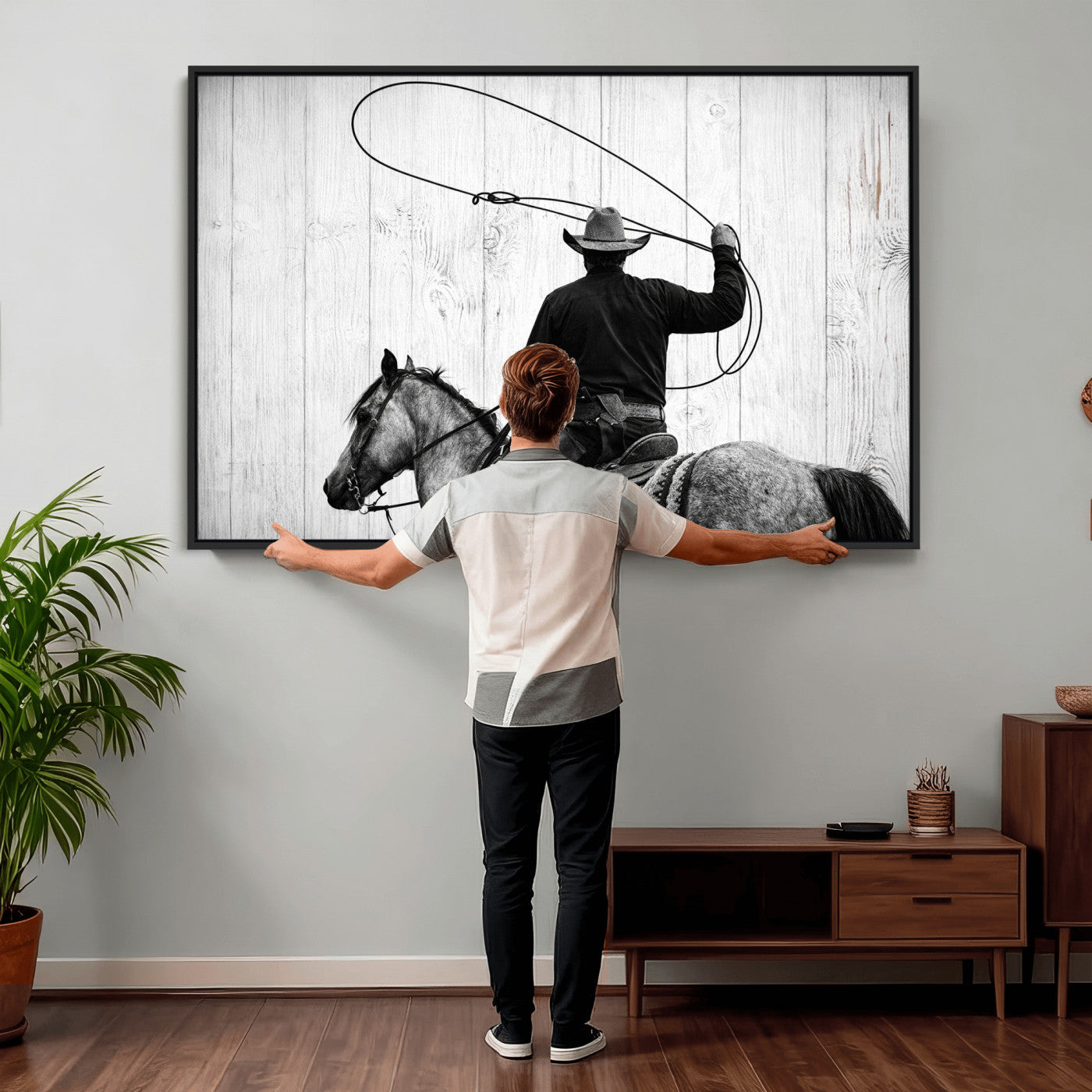 22569358-MGV-CV-36X24 - Cowboy Lasso Canvas Wall Art, Black White Western Horse Photo Print, Rustic Ranch Rodeo Decor, Farmhouse Western Art, Cowboy Gift for Him
