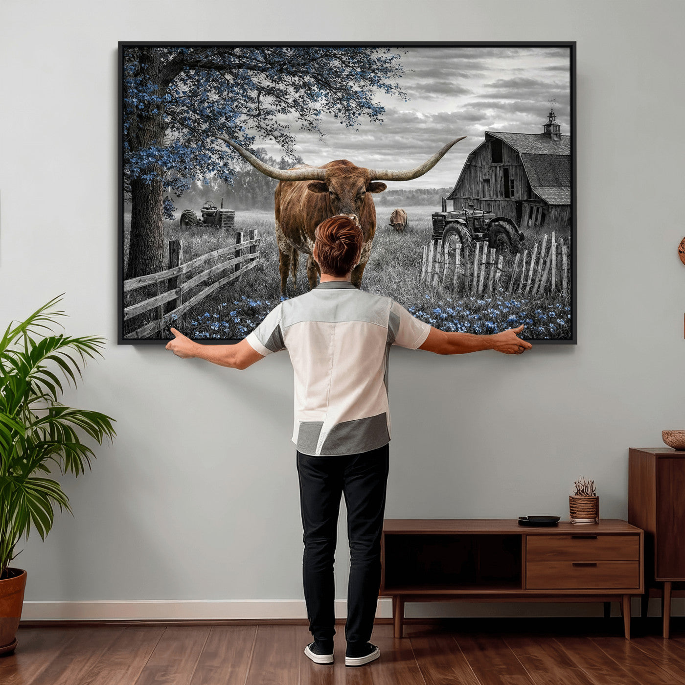 19366343-MGV-CV-36X24 - Texas Longhorn Canvas Wall Art, Rustic Farm Barn Bluebonnet Photography Print, Farmhouse Country Decor, Western Ranch Art, Old Truck Tractor Print