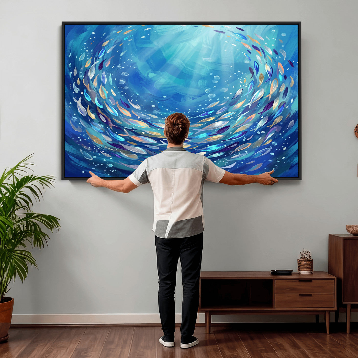 78699899-MGV-CV-36X24 - School of Fish Canvas Print | Blue Ocean Underwater Wall Art | Swirling Fish Shoal Illustration | Marine Navy Coastal Decor