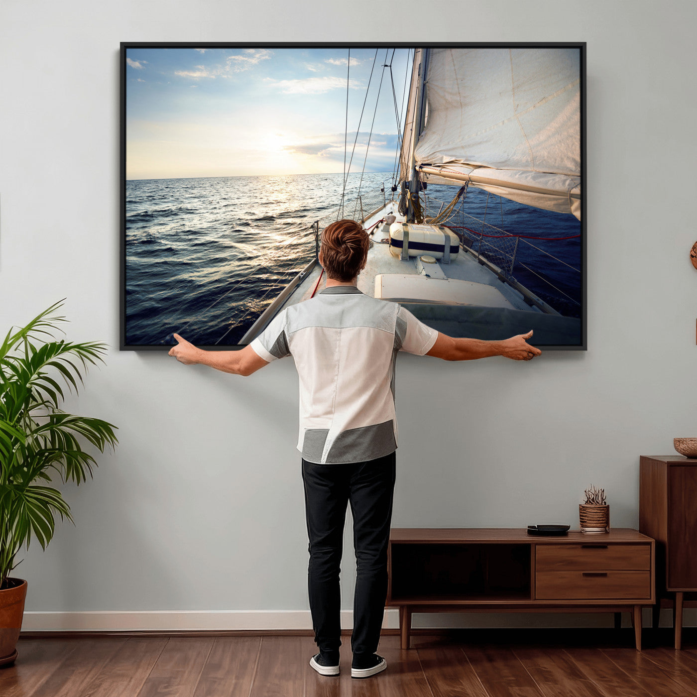 76381335-MGV-CV-36X24 - Sailboat Wall Art Canvas Print, Ocean Sunset Sailing Framed Artwork, Coastal Nautical Seascape Decor for Living Room Office Beach House