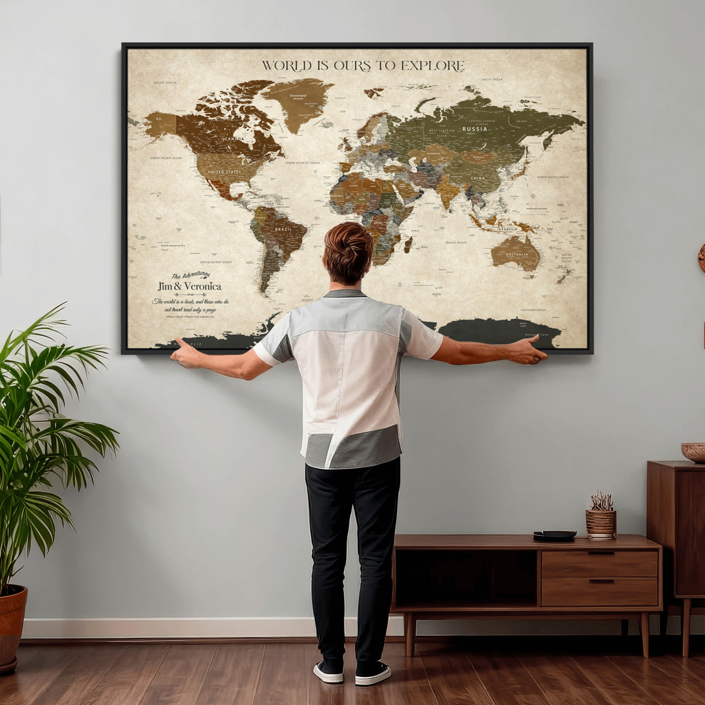 64110391126O-MGV-CV-36X24 - Custom Push Pin World Map Wall Art Canvas Print – Personalized Travel Tracker with Pins Framed Large for Home and Office Decor