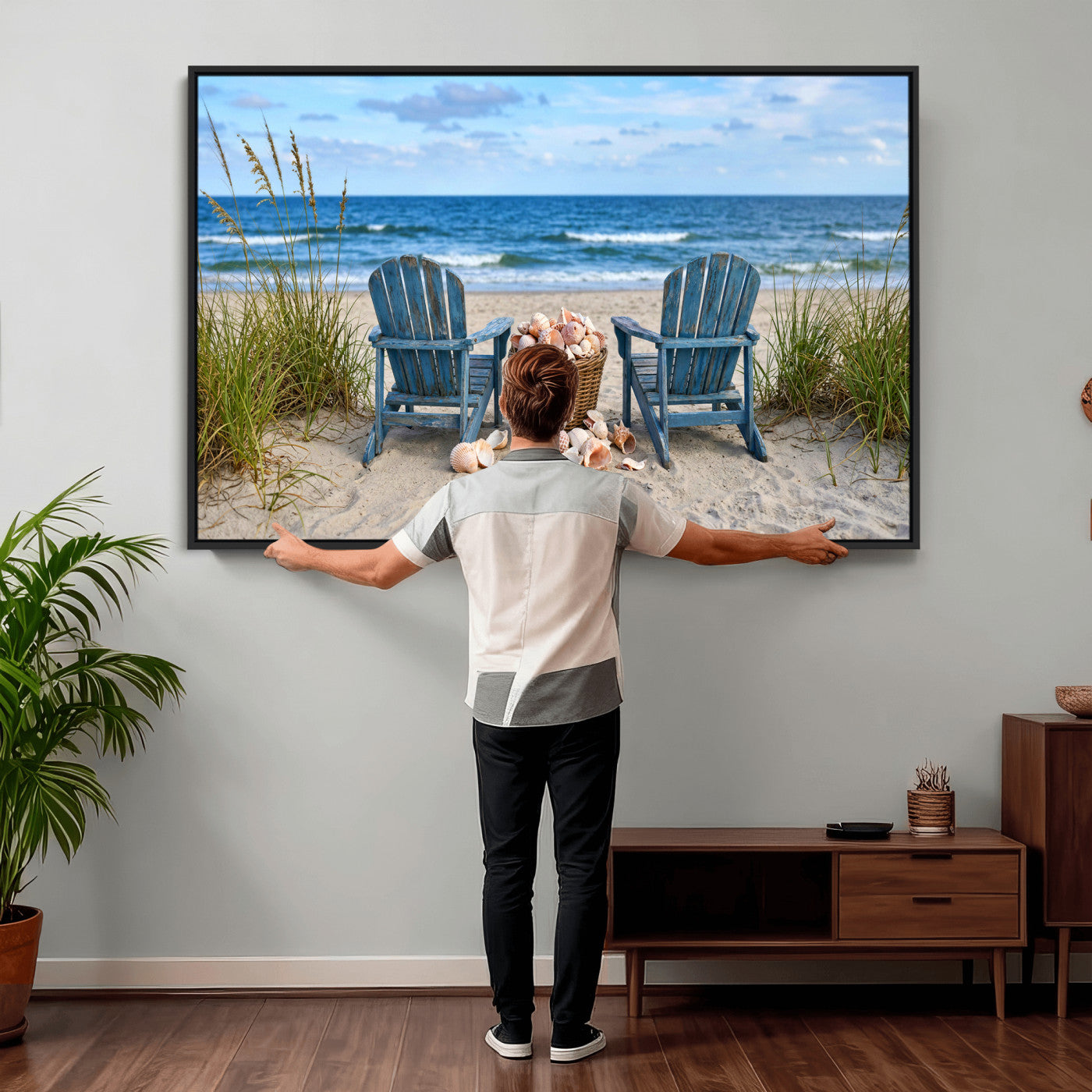 80268829-MGV-CV-36X24 - Large Beach Canvas Wall Art Coastal Adirondack Chairs Ocean Seashells Blue Nautical Framed Large for Living Room Bedroom Bathroom Decor
