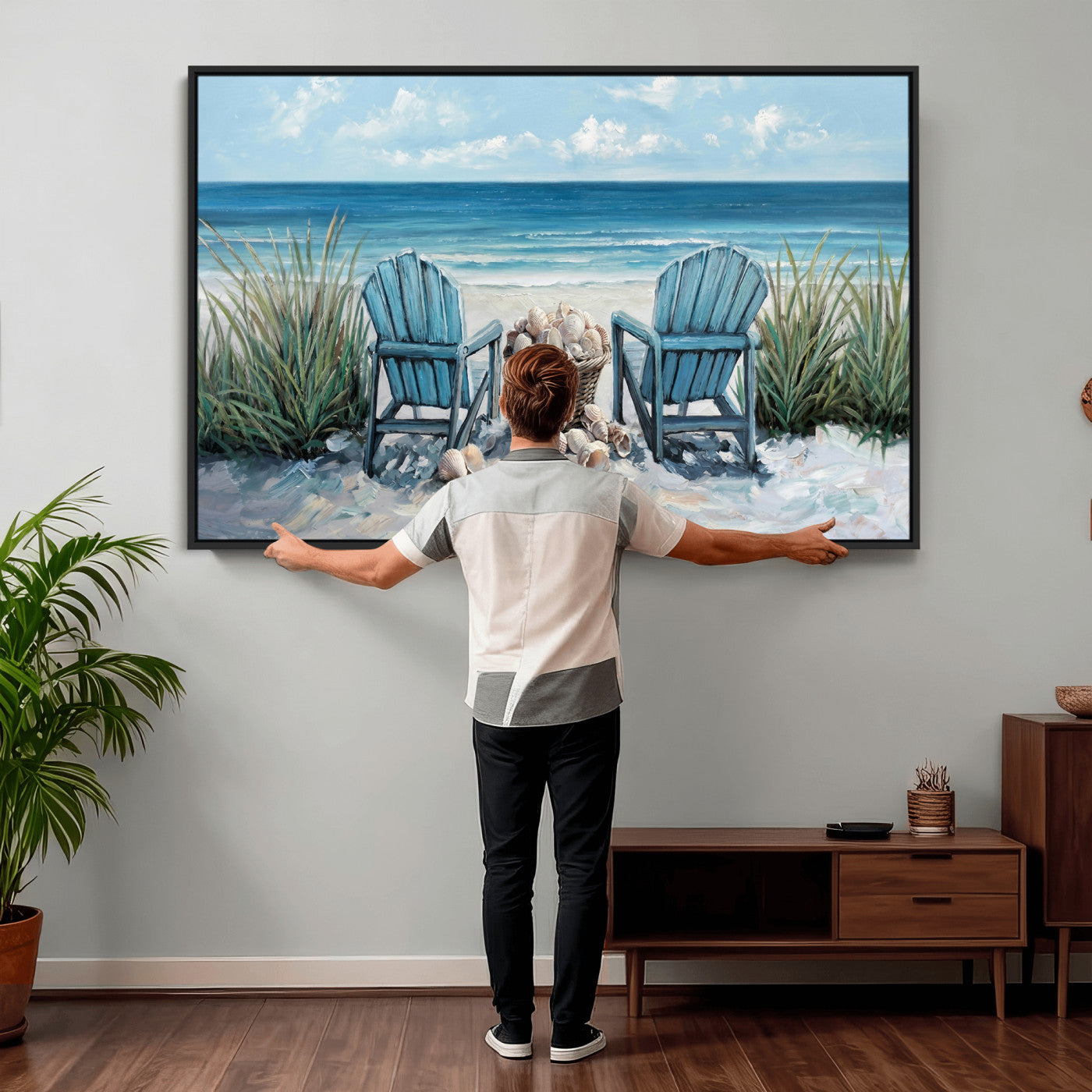 11973028-MGV-CV-36X24 - Beach Canvas Wall Art Coastal Adirondack Chairs Ocean Seashells Blue Nautical Framed Large for Living Room Bedroom Bathroom Decor