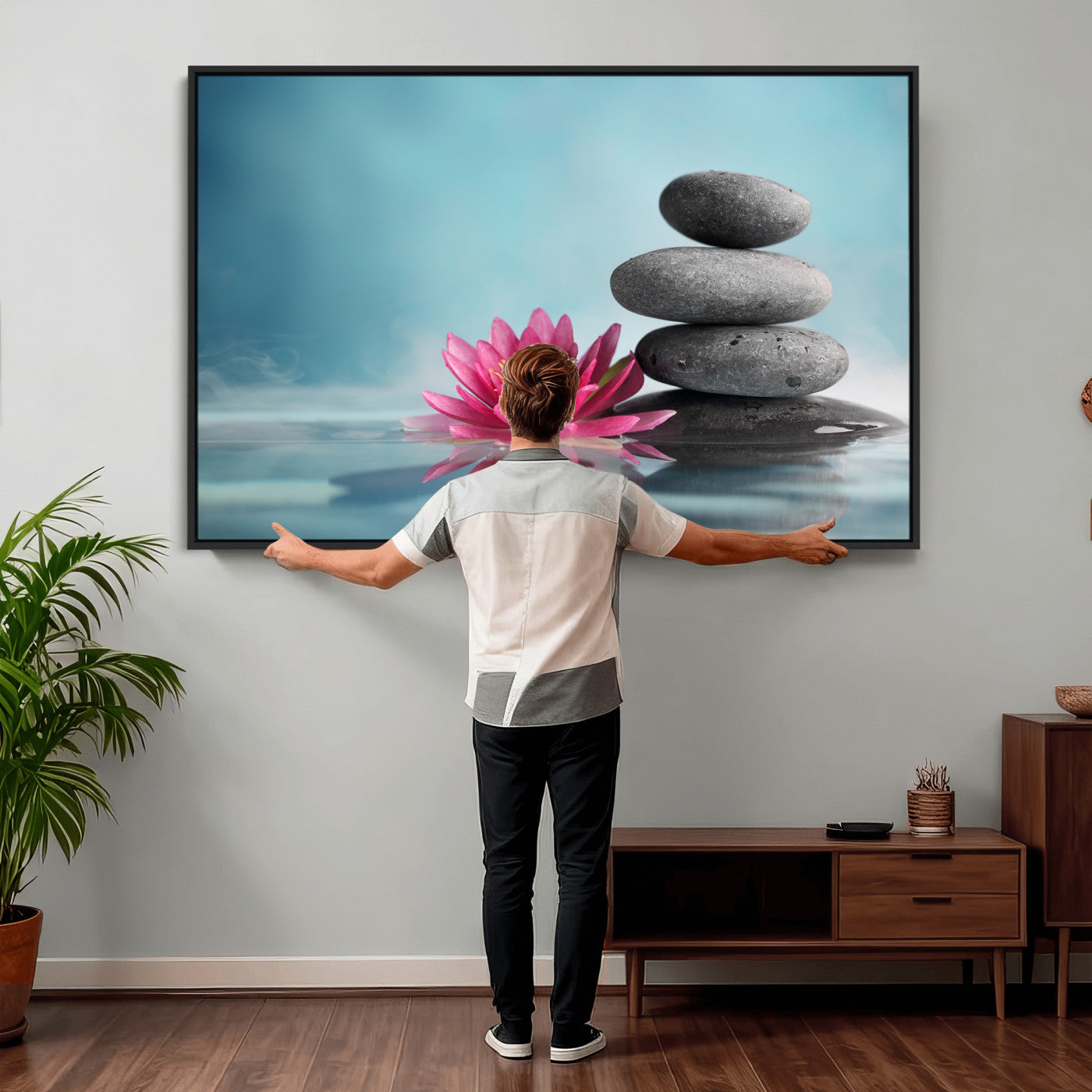 84293154-MGV-CV-36X24 - Zen Canvas Wall Art Lotus Flower Stacked Stones Teal Spa Meditation Relaxation Framed Large for Bathroom Bedroom Living Room Office Decor