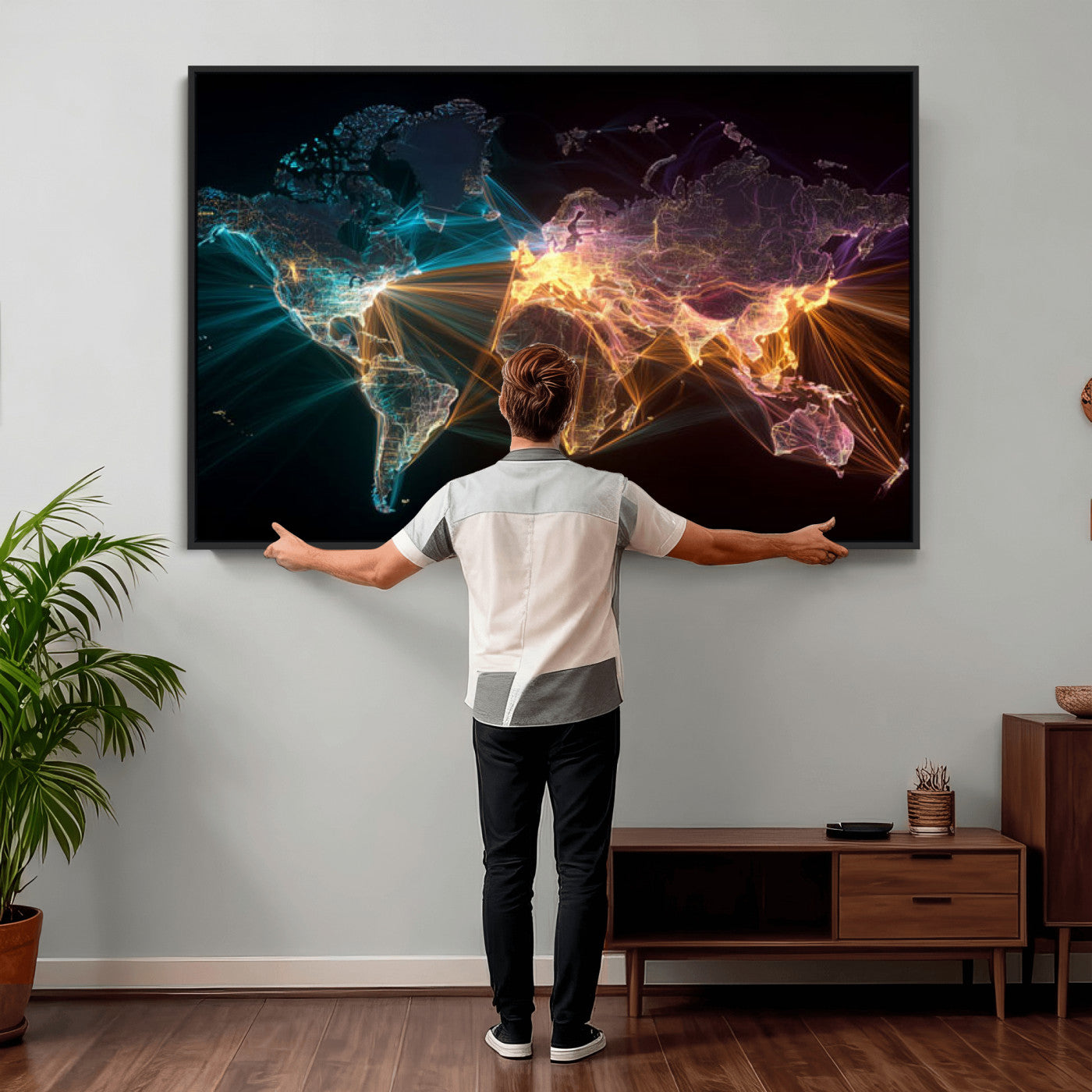 14891737-MGV-CV-36X24 - World Map and Global Flight Routes Map Canvas Wall Art, Worldwide Aviation Network Print, International Air Travel Wall Decor