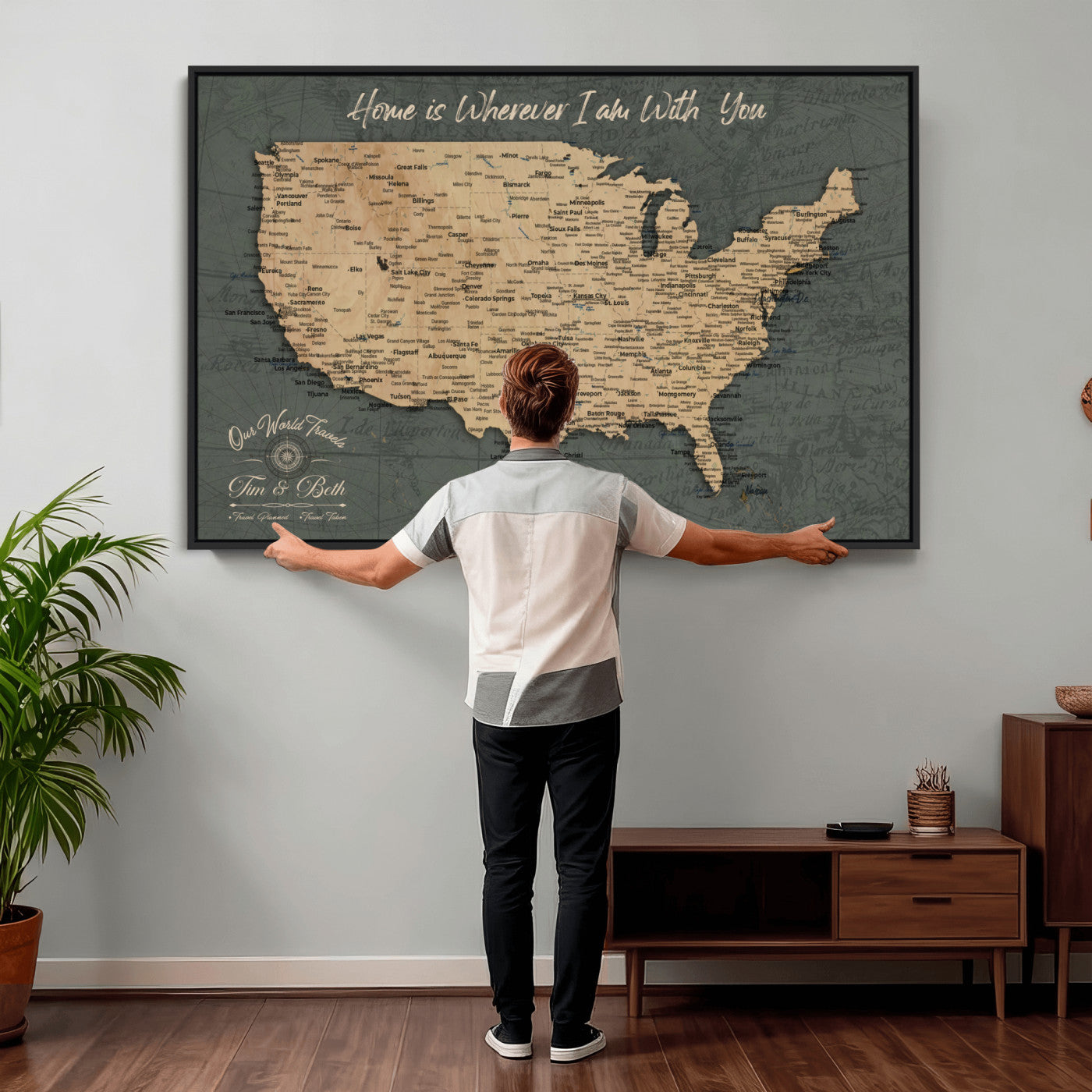 41270900-MGV-CV-36X24 - Custom Push Pin US Map Canvas | Personalized Travel Tracker | USA Cities Map Anniversary Gift for Couples | Adventure America Map Wall Art with Pins