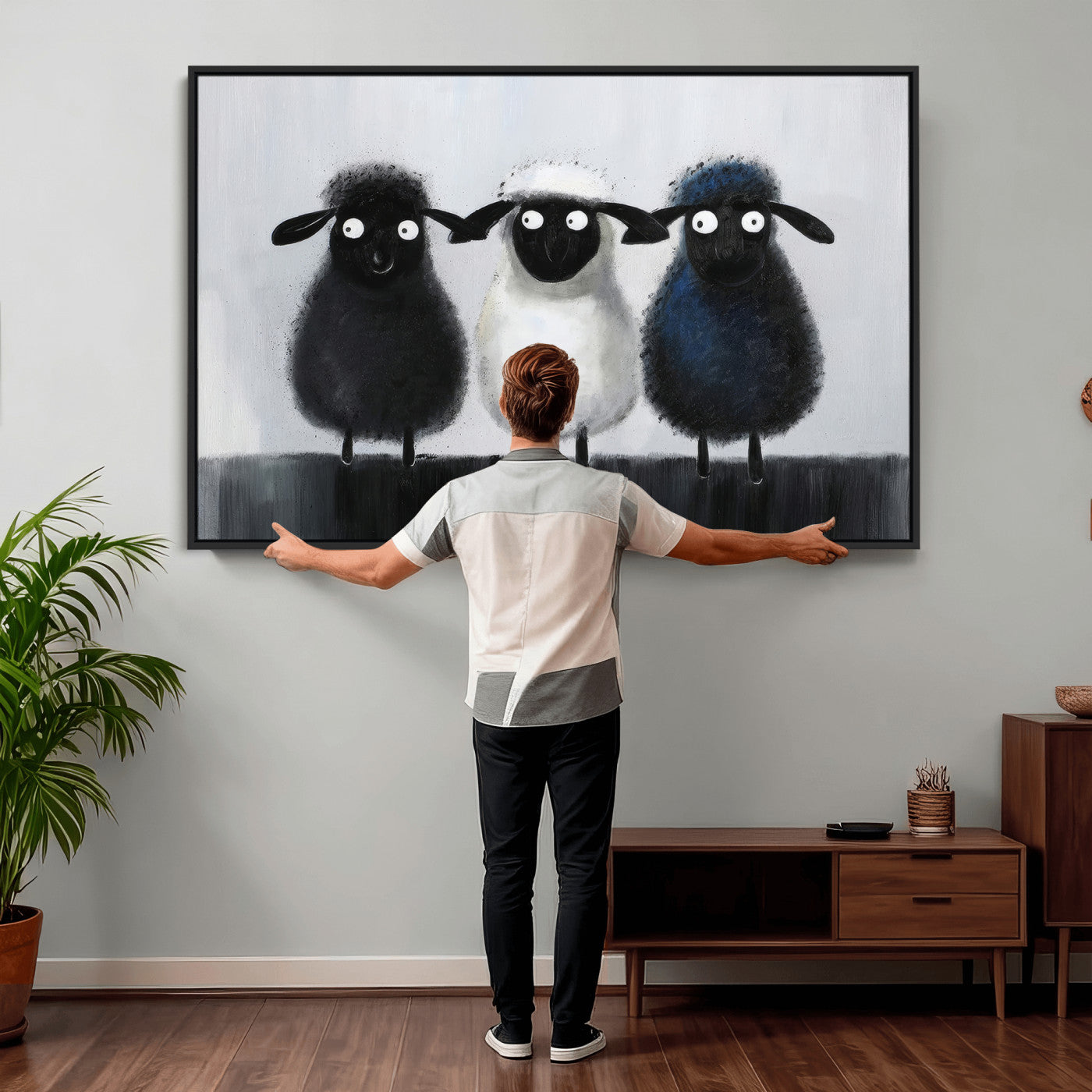 45650028-MGV-CV-36X24 - Funny Sheep Canvas Wall Art, Three Quirky Sheep Painting Print, Cute Animal Nursery Decor, Black White Navy Farmhouse Art, Kids Room Gift