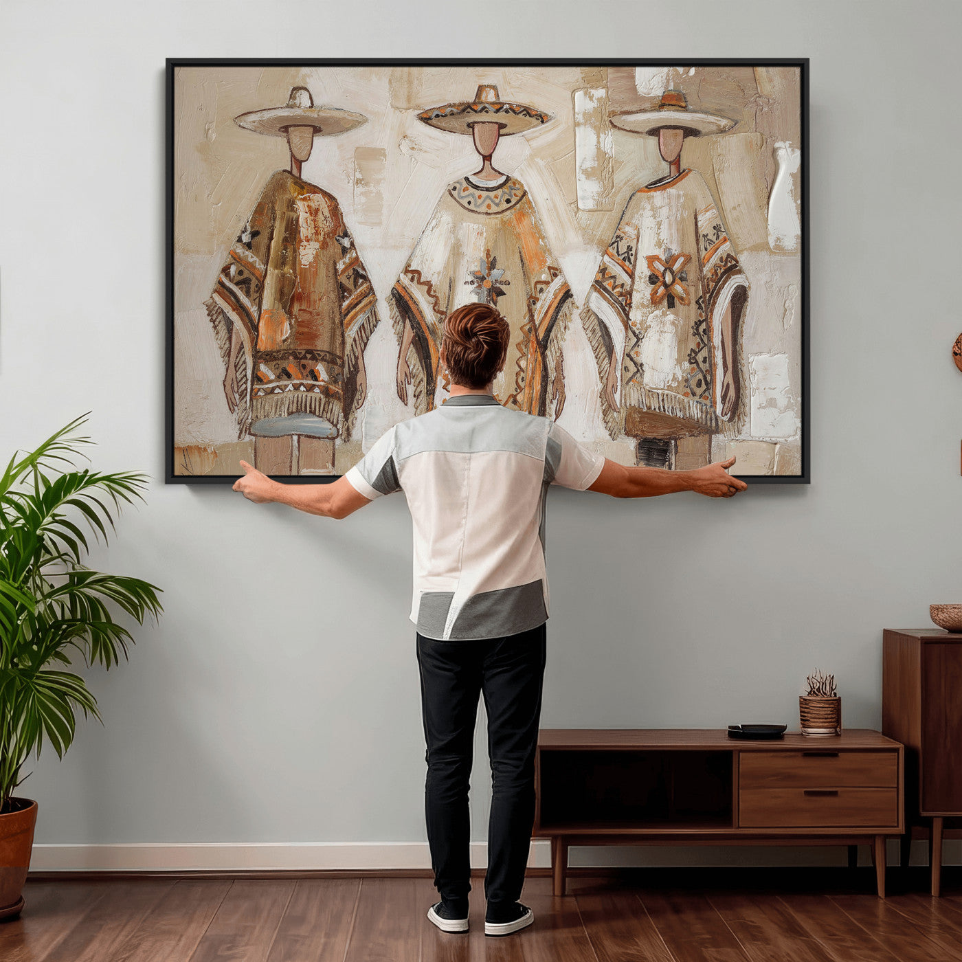 85373290-MGV-CV-36X24 - Mexican Folk Art Canvas Wall Art, Charro Poncho Sombrero Painting Print, Neutral Beige Boho Decor, Southwestern Impasto Style, Living Room Art