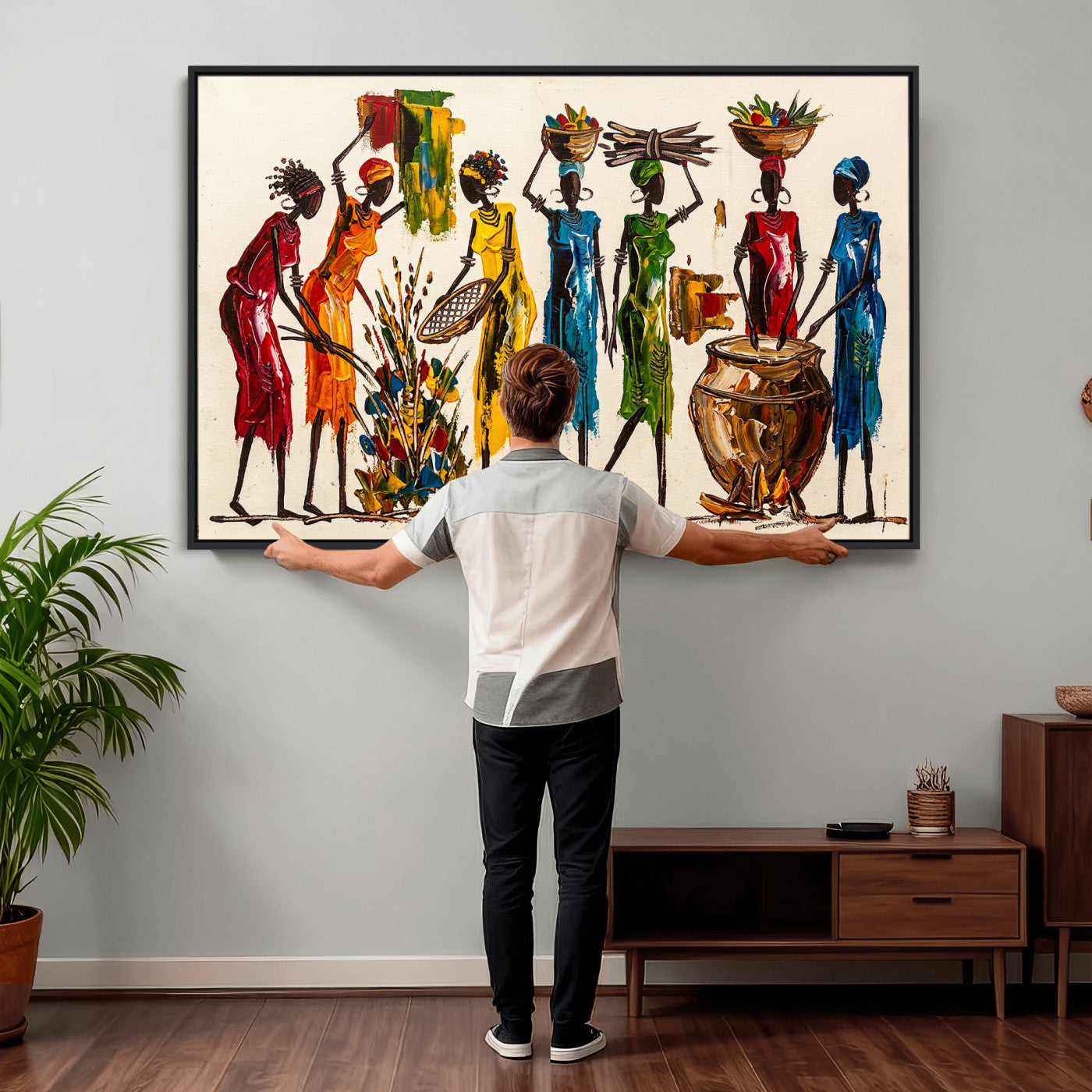 83463154-MGV-CV-36X24 - African Folk Art Canvas Wall Art, Colorful African Women Village Painting Print, Tribal Ethnic Home Decor, Vibrant African Art, Living Room