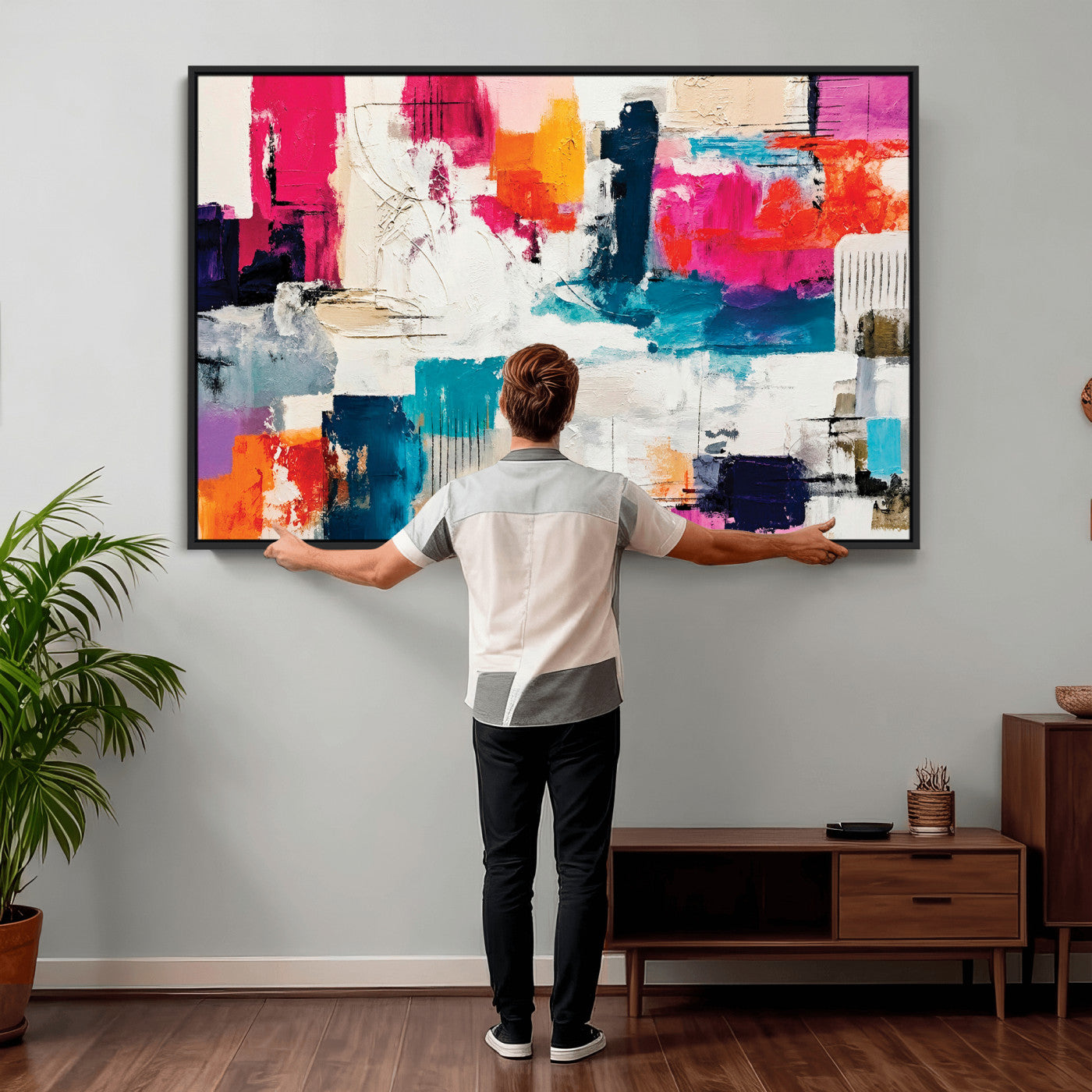 57864023-MGV-CV-36X24 - Blue Teal Abstract Canvas Wall Art | Modern Textured Painting Print, Navy Orange White Contemporary Art, Neutral Living Room Decor, Office Art