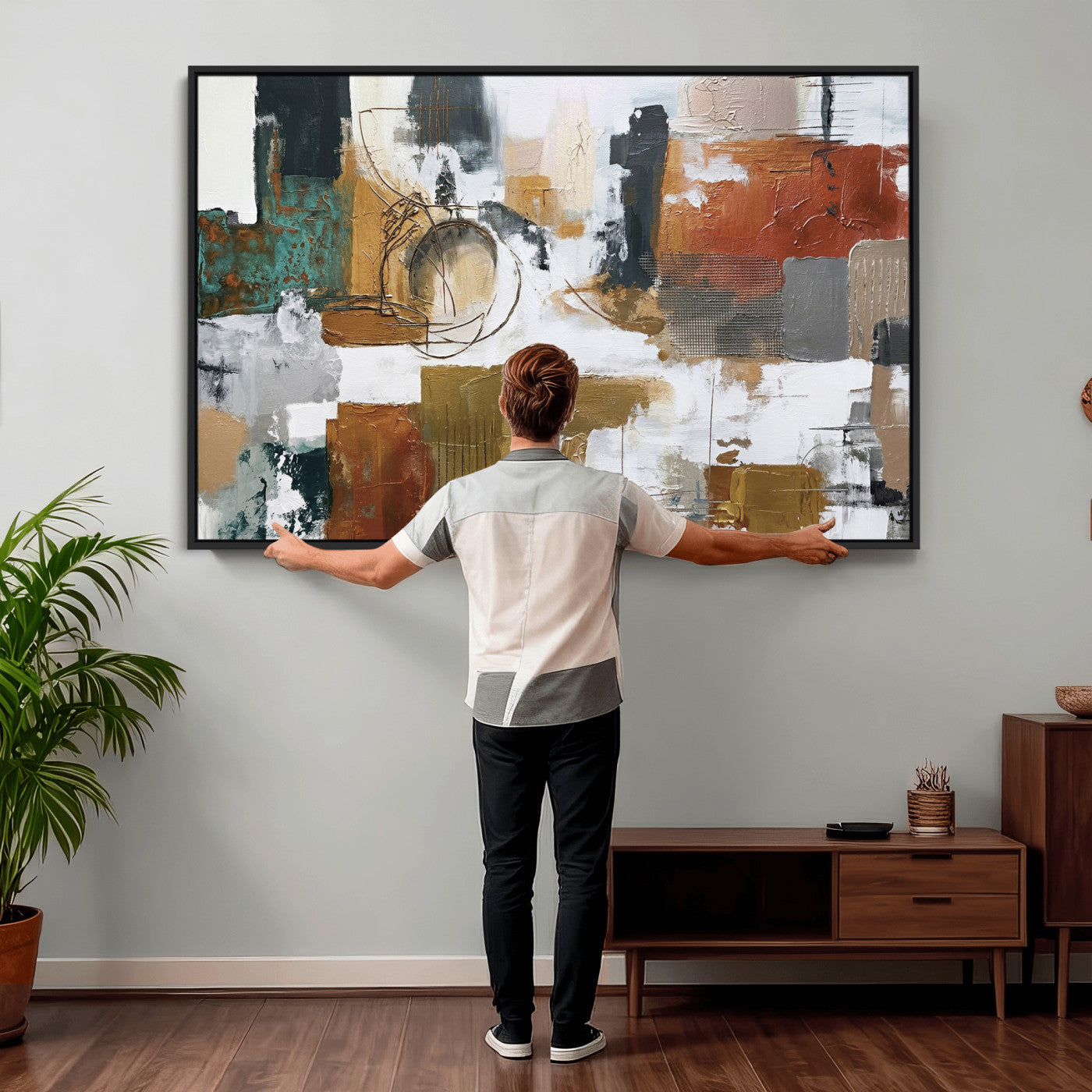50720312-MGV-CV-36X24 - Blue Teal Abstract Canvas Wall Art, Modern Textured Painting Print, Navy Orange White Contemporary Art, Neutral Living Room Decor, Office Art