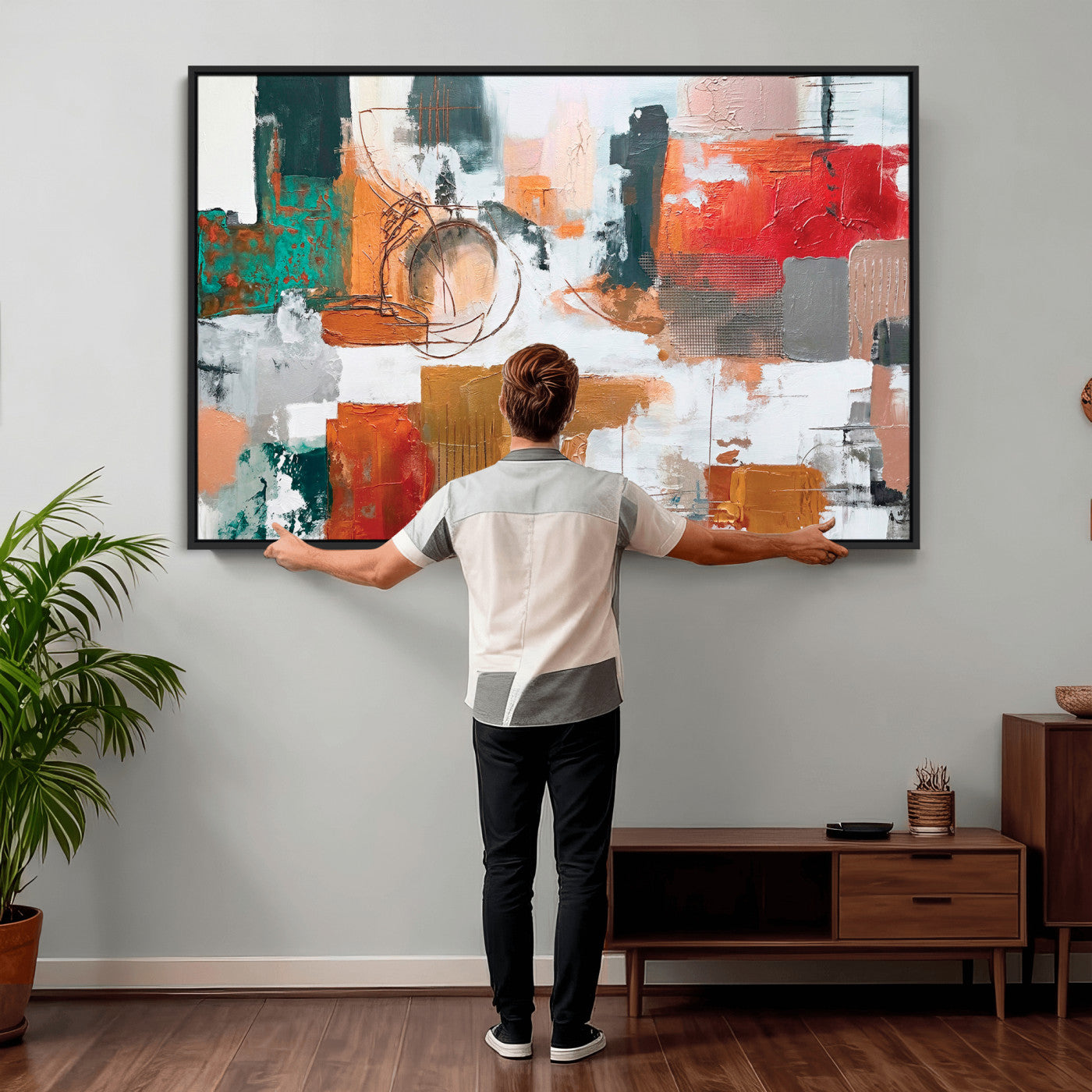 50720312-MGV-CV-36X24 - Blue Teal Abstract Canvas Wall Art | Modern Textured Painting Print, Navy Orange White Contemporary Art, Neutral Living Room Decor, Office Art.
