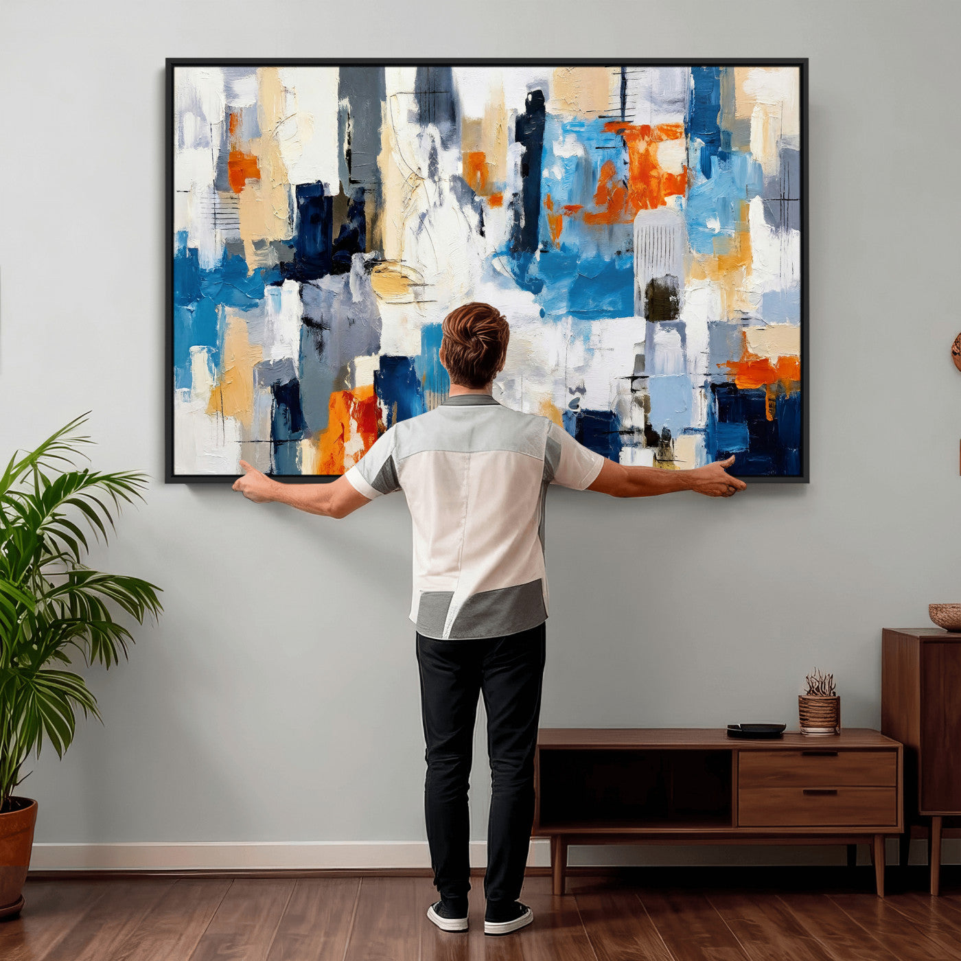 83915061-MGV-CV-36X24 - Blue Teal Abstract Canvas Wall Art, Modern Textured Painting Print, Navy Orange White Contemporary Art, Neutral Living Room Decor, Office Art