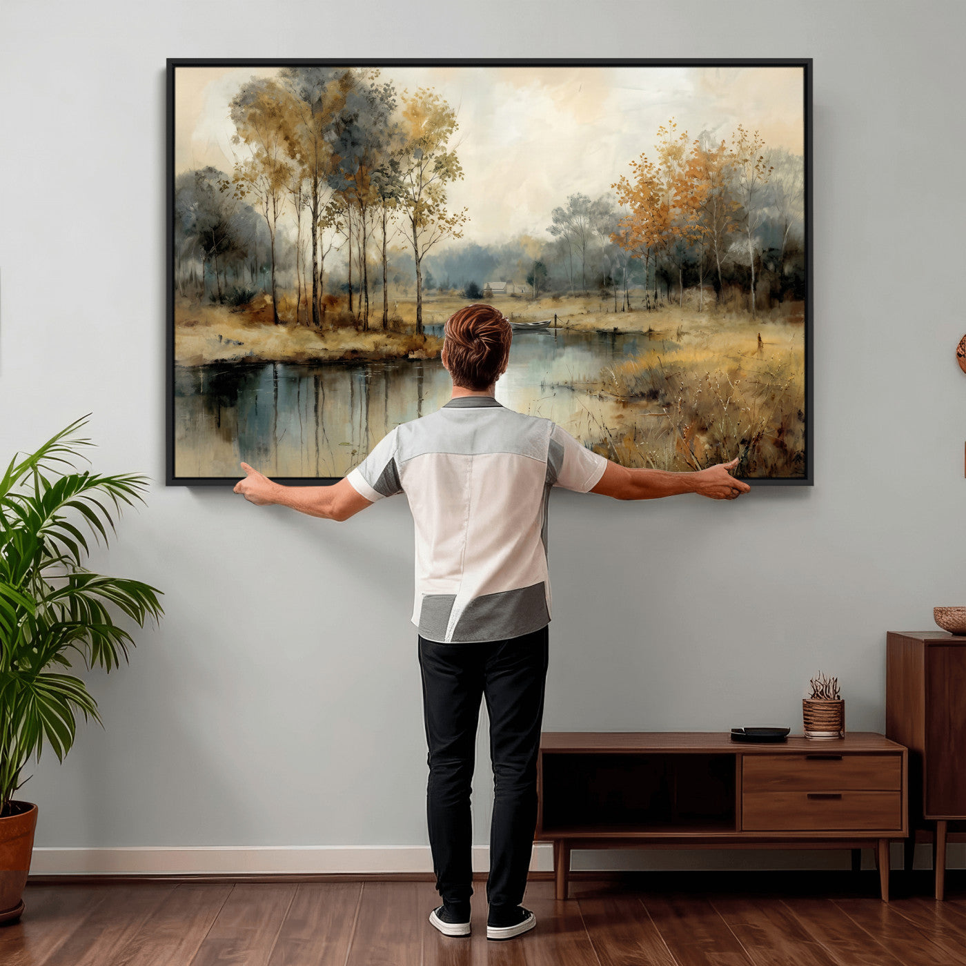 74391095-MGV-CV-36X24 - Abstract WatercolorAutumn Lake Canvas Wall Art Print, Misty Forest Landscape, Rustic Nature Painting, Cabin Wall Decor, Ready to Hang