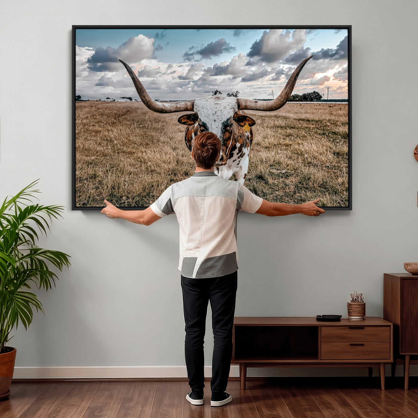 17464823-MGV-CV-36X24 - Texas Longhorn Canvas Wall Art Print, Western Cow Photography, Rustic Ranch Decor, Farmhouse Wall Art, Ready to Hang