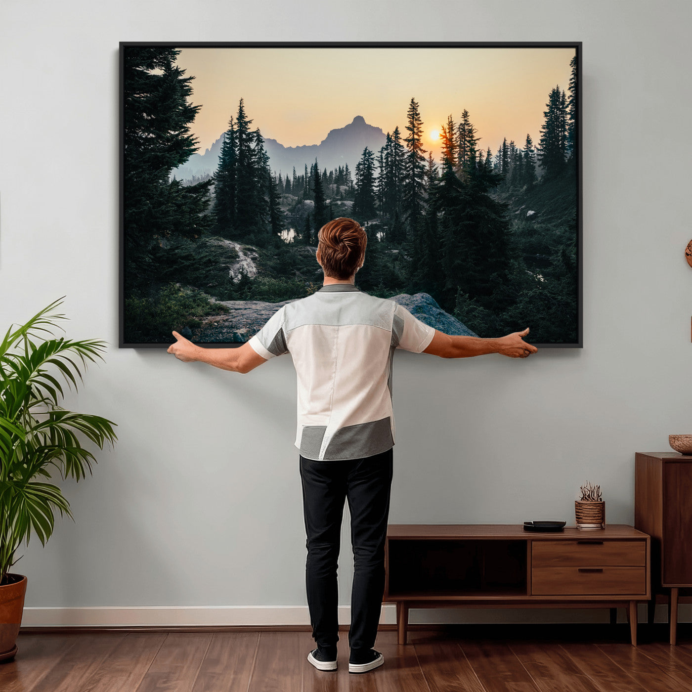 89996020-MGV-CV-36X24 - Mountain Forest Canvas Wall Art Print, Pine Tree Landscape, Sunset Nature Photography, Wilderness Wall Decor, Ready to Hang