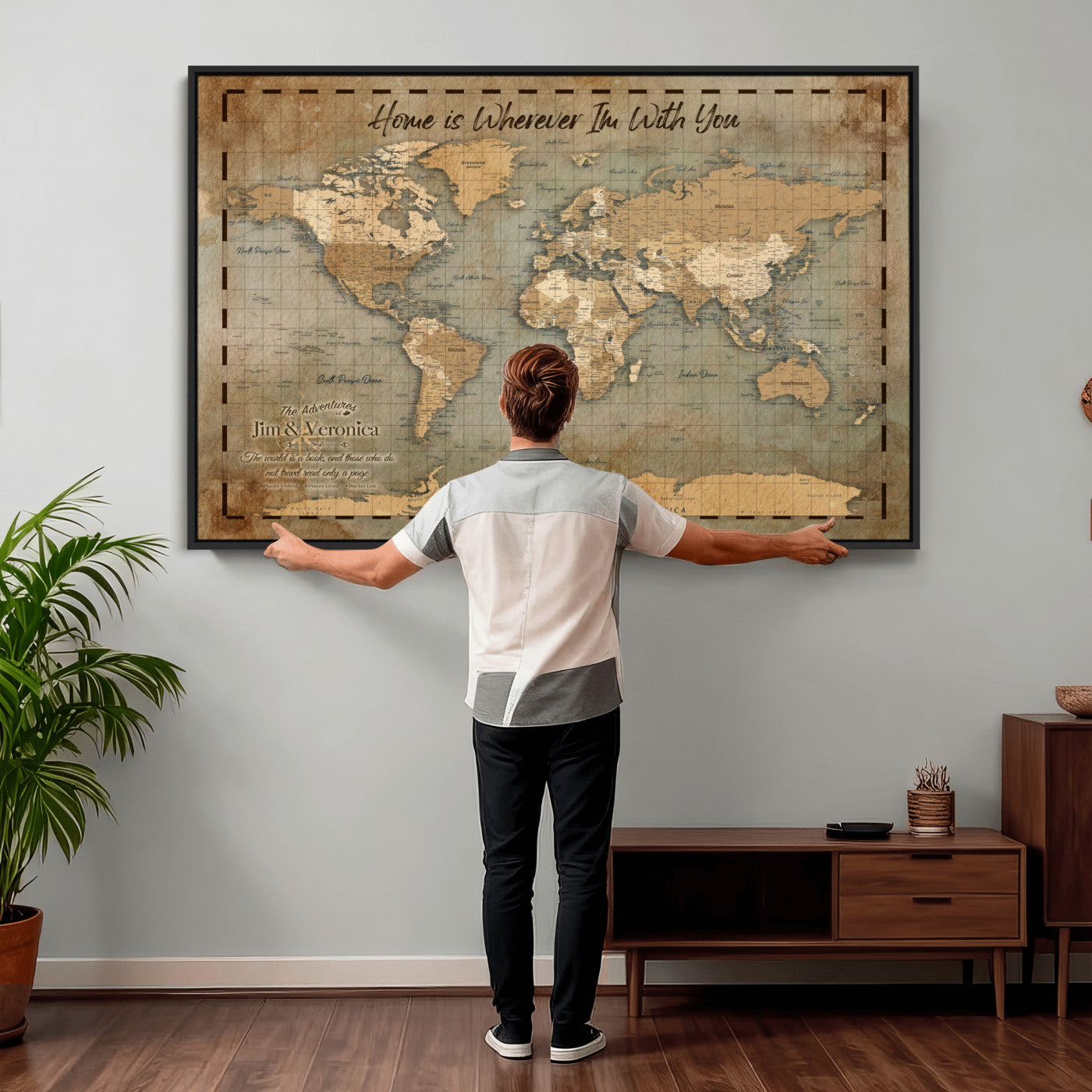 97123877-MGV-CV-36X24 - Vintage Custom Push Pin World Map, Vintage Travel Map Canvas, Personalized Names Anniversary Gift, Places Visited Pin Board, Couples Adventure Art