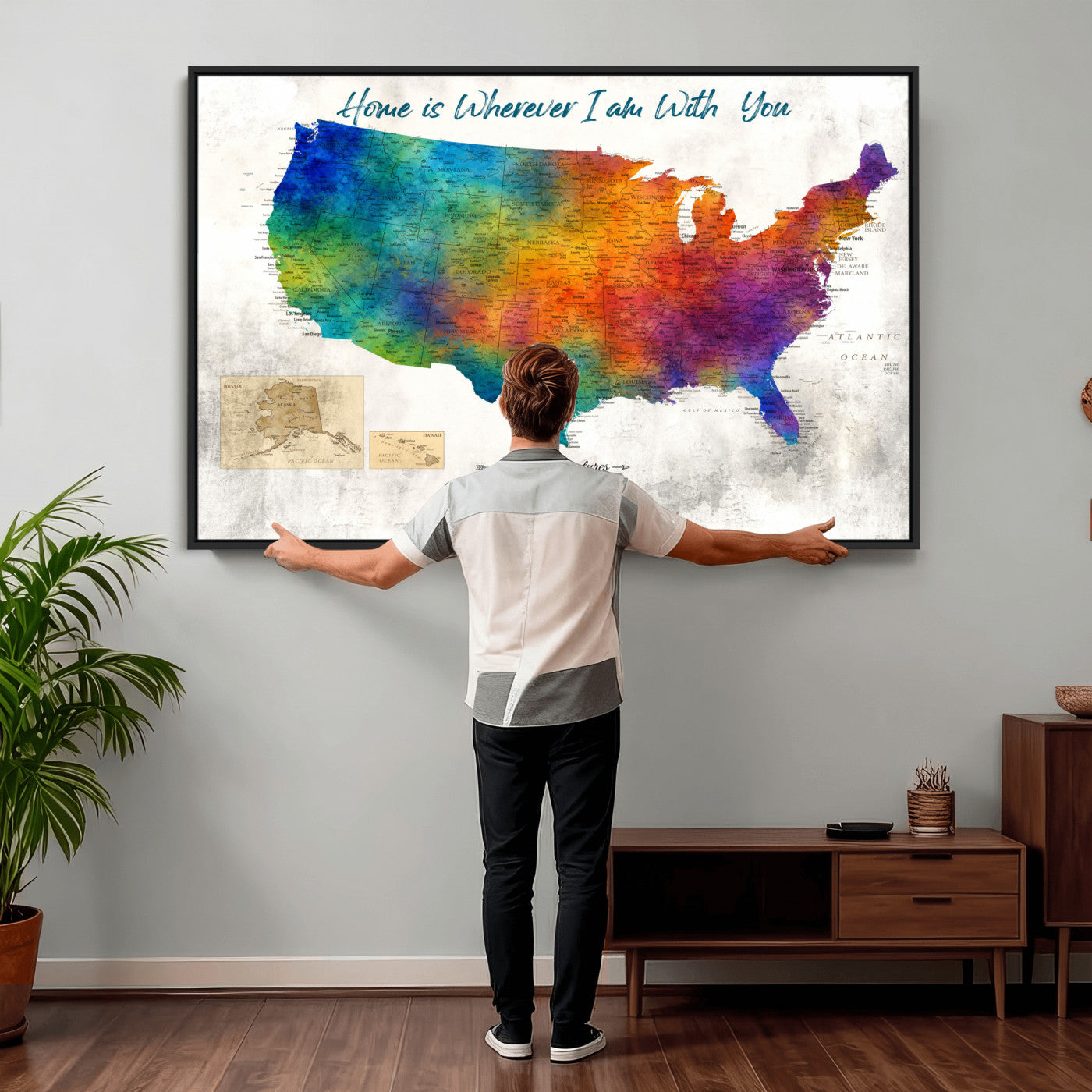 17251793-MGV-CV-36X24 - Watercolor USA Travel Map with Pins Colorful Modern Canvas Wall Art