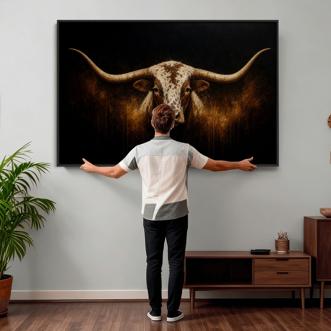 12628958-MGV-CV-36X24 - Texas Longhorn Canvas Wall Art Moody Western Bull Oil Painting Print