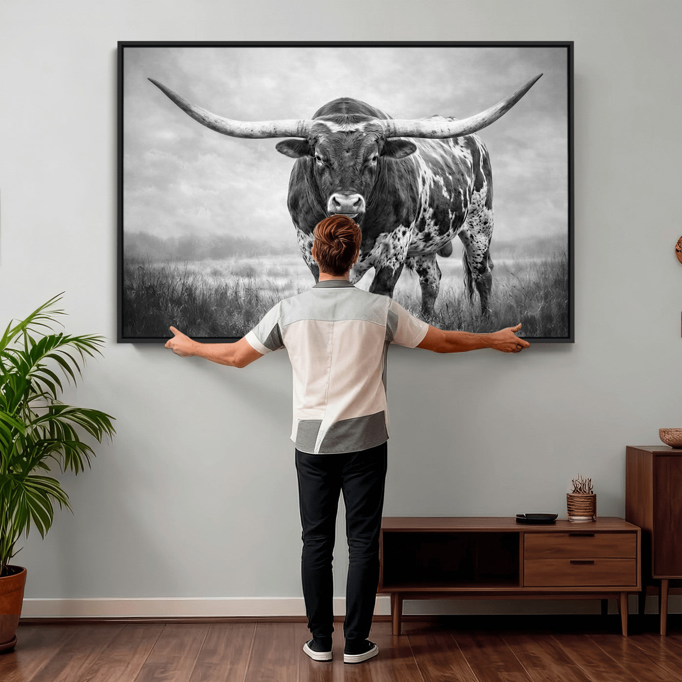 11121585-MGV-CV-36X24 - Texas Bull Wall Art Canvas Print for Farmhouse Restaurant Wall Decor